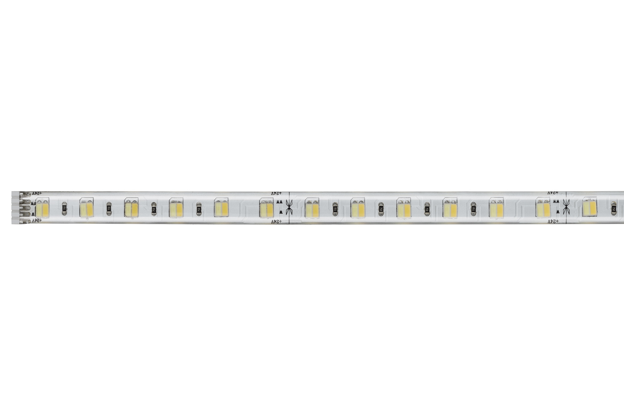 Ein Streifen weißer LED-Leuchten, in einer Reihe angeordnet.
