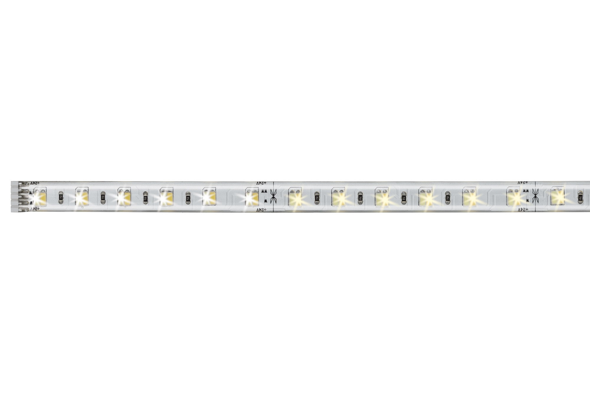 Ein weißes LED-Lichtband. Es hat mehrere Lichter und ist auf weißem Hintergrund isoliert.