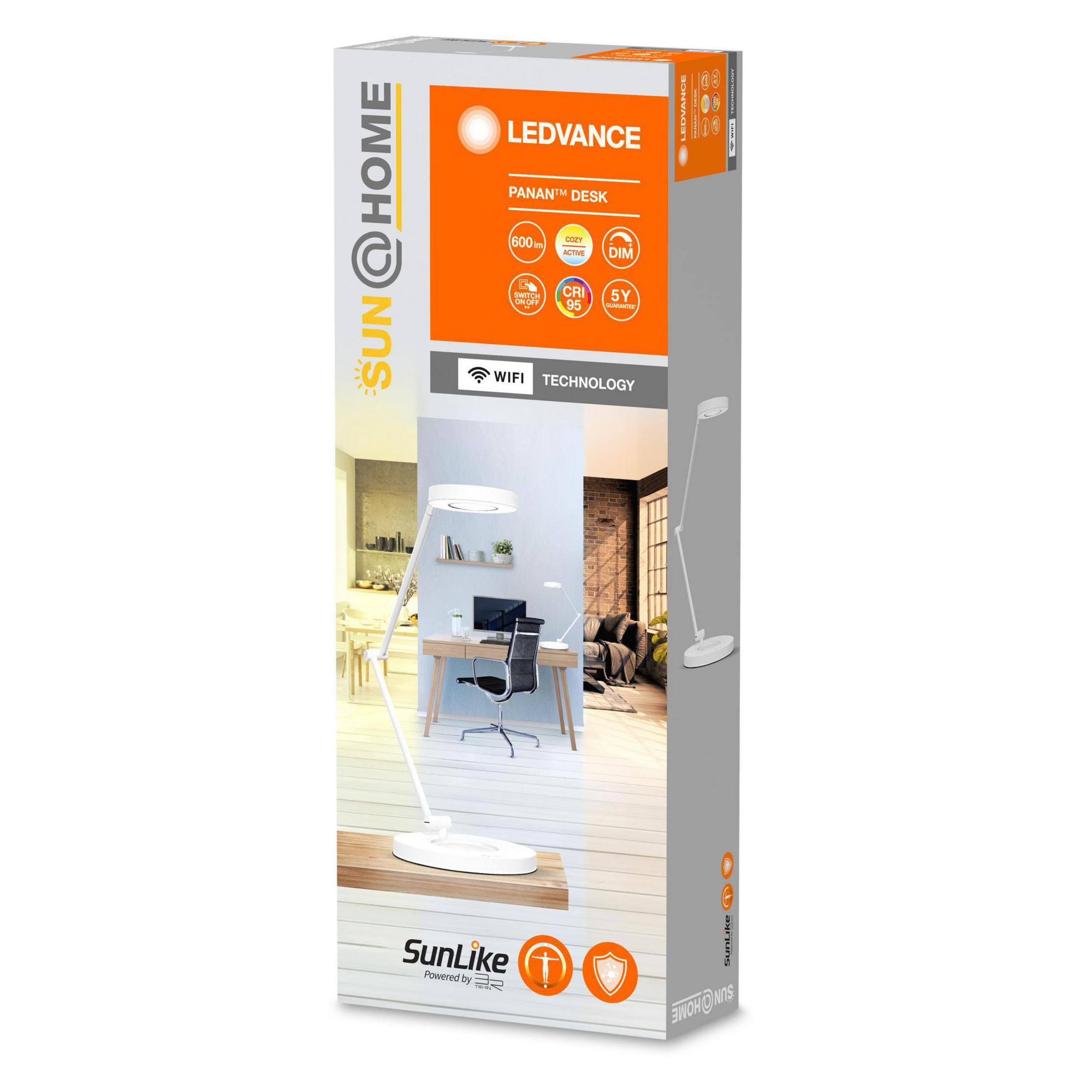 Ein LEDVANCE-Schreibtischlampen-Karton mit Lampenbild und Produktdetails.