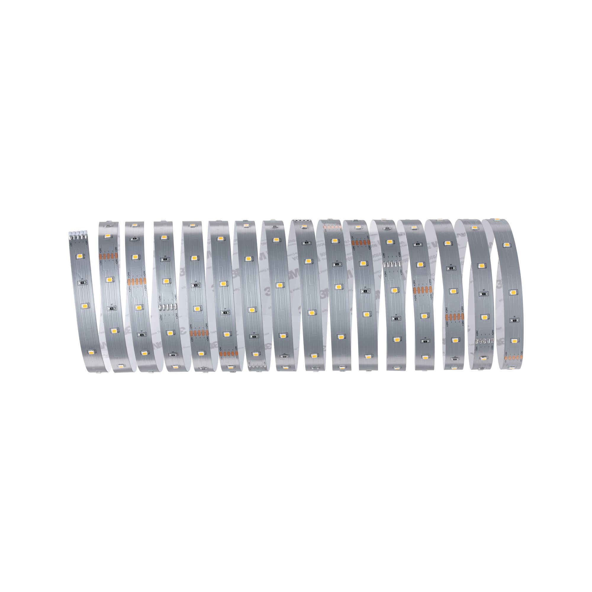 Ein gerollter Streifen LED-Leuchten, silberfarben mit gleichmäßig verteilten Lichtern.
