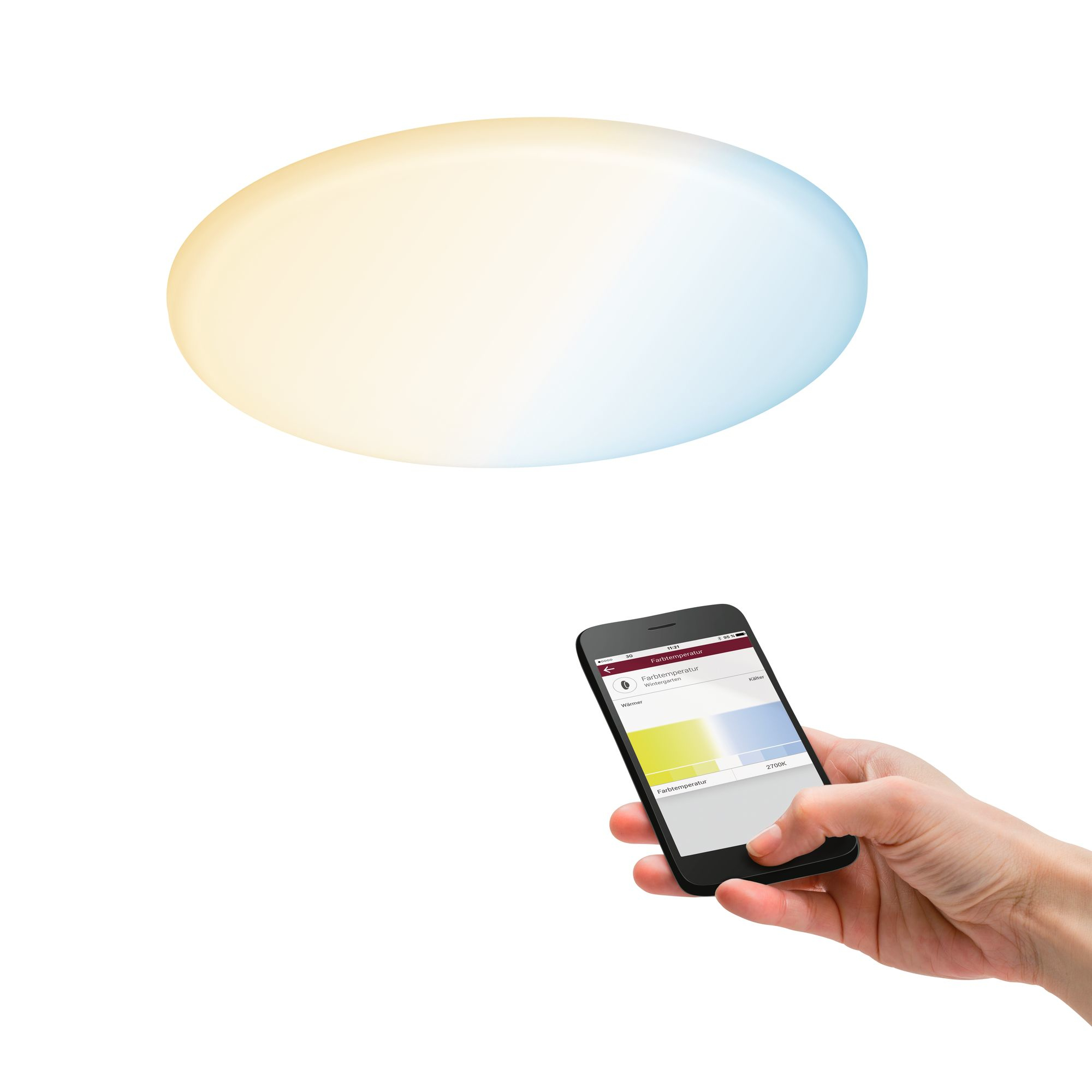 Lampada da soffitto ovale, gradiente bianco-blu, controllata da telefono in mano.