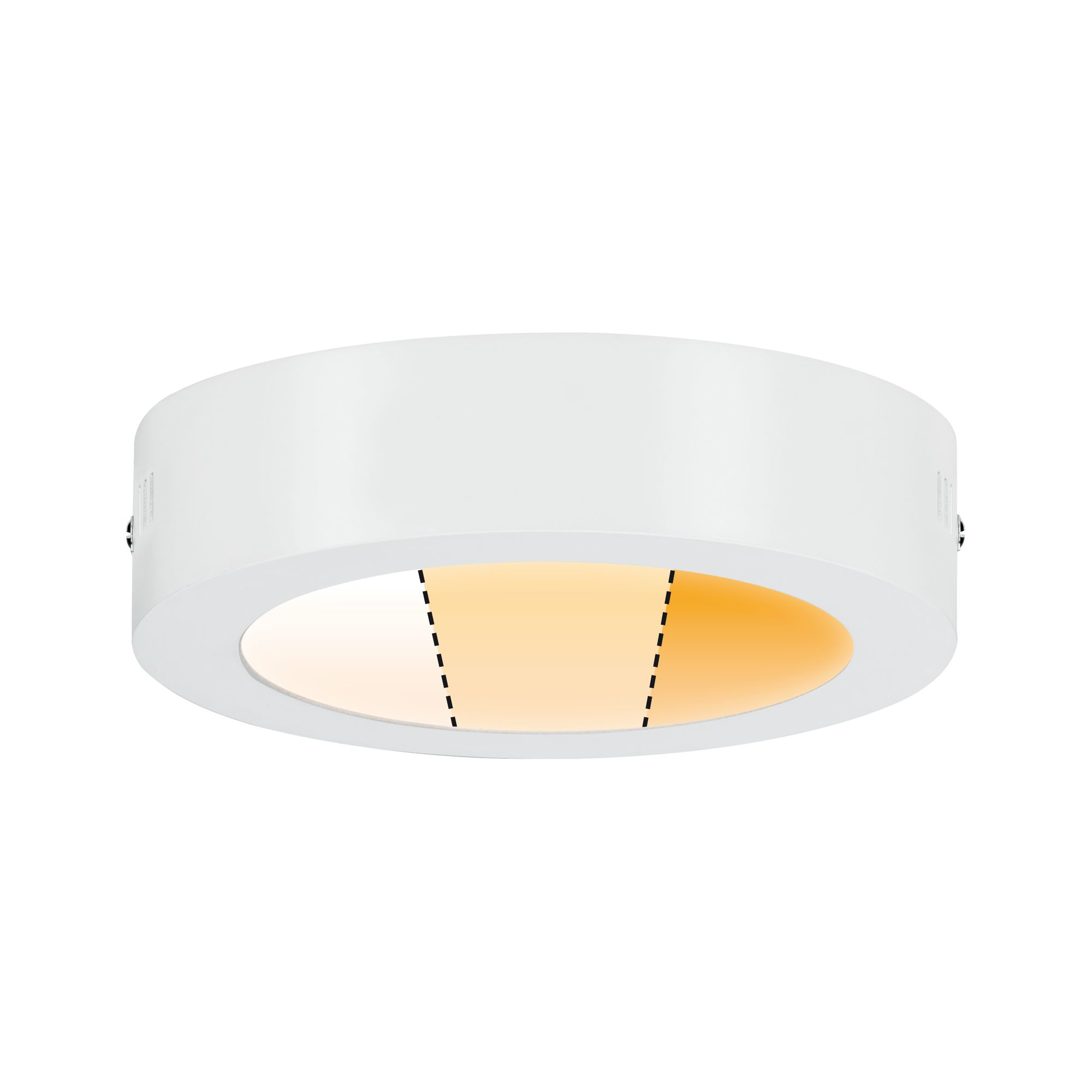 Eine weiße, runde Deckenleuchte mit hellem Licht, isoliert auf weißem Hintergrund.