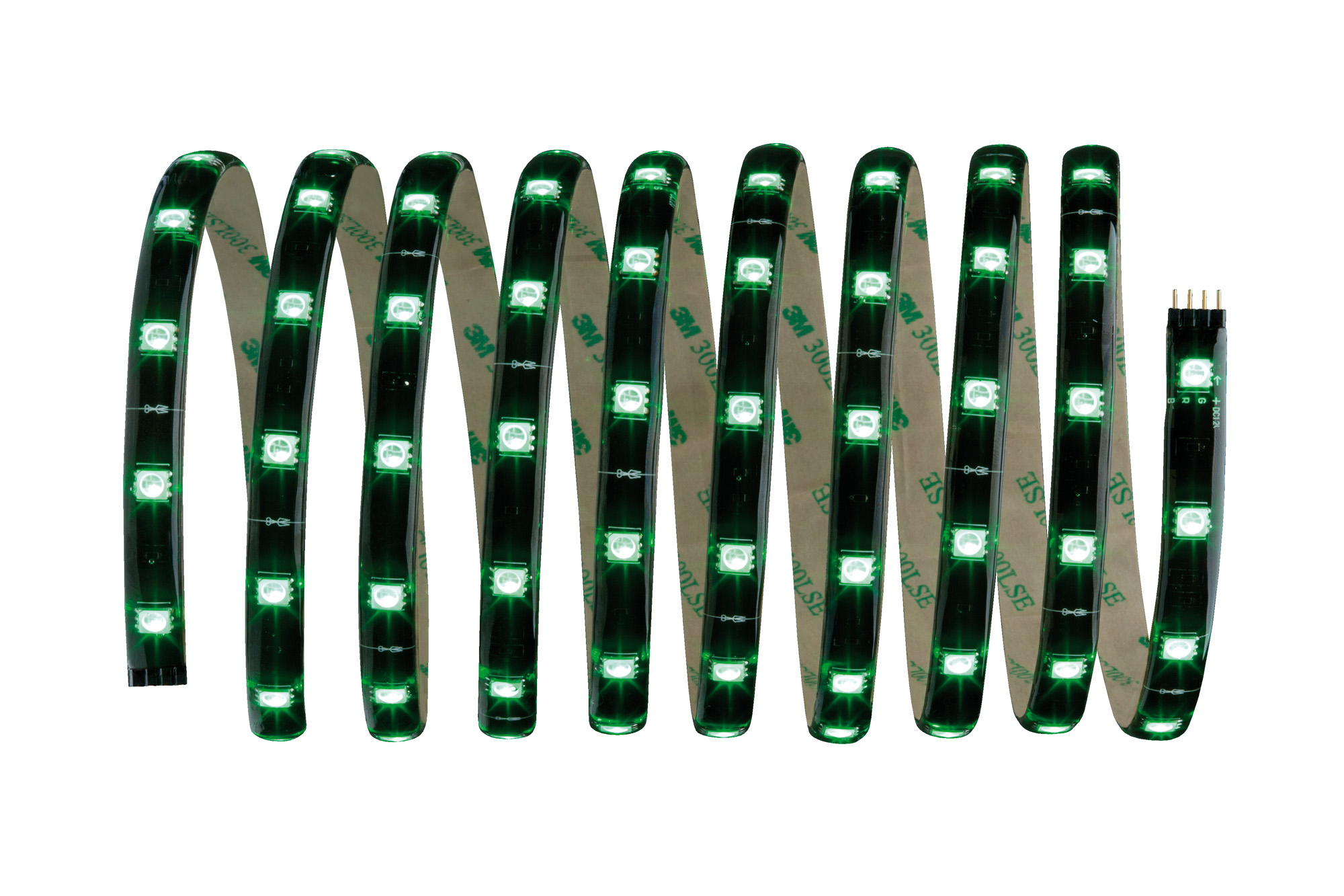 Striscia LED verde arrotolata su bianco, con nastro 3M. La striscia è piegata. Sfondo bianco. Componenti neri.
