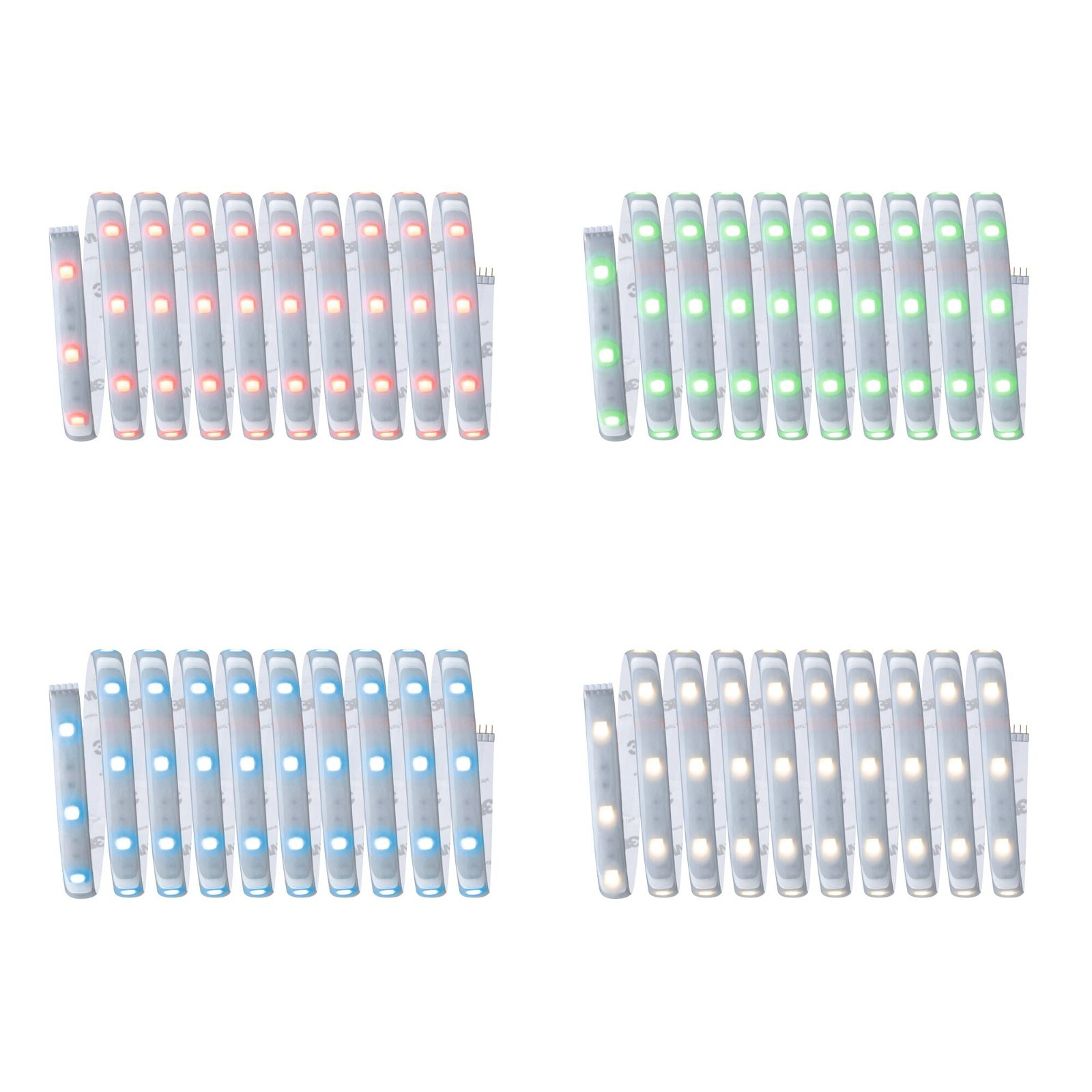 Cztery zestawy pasków świetlnych LED w różnych kolorach: czerwonym, zielonym, niebieskim i białym.
