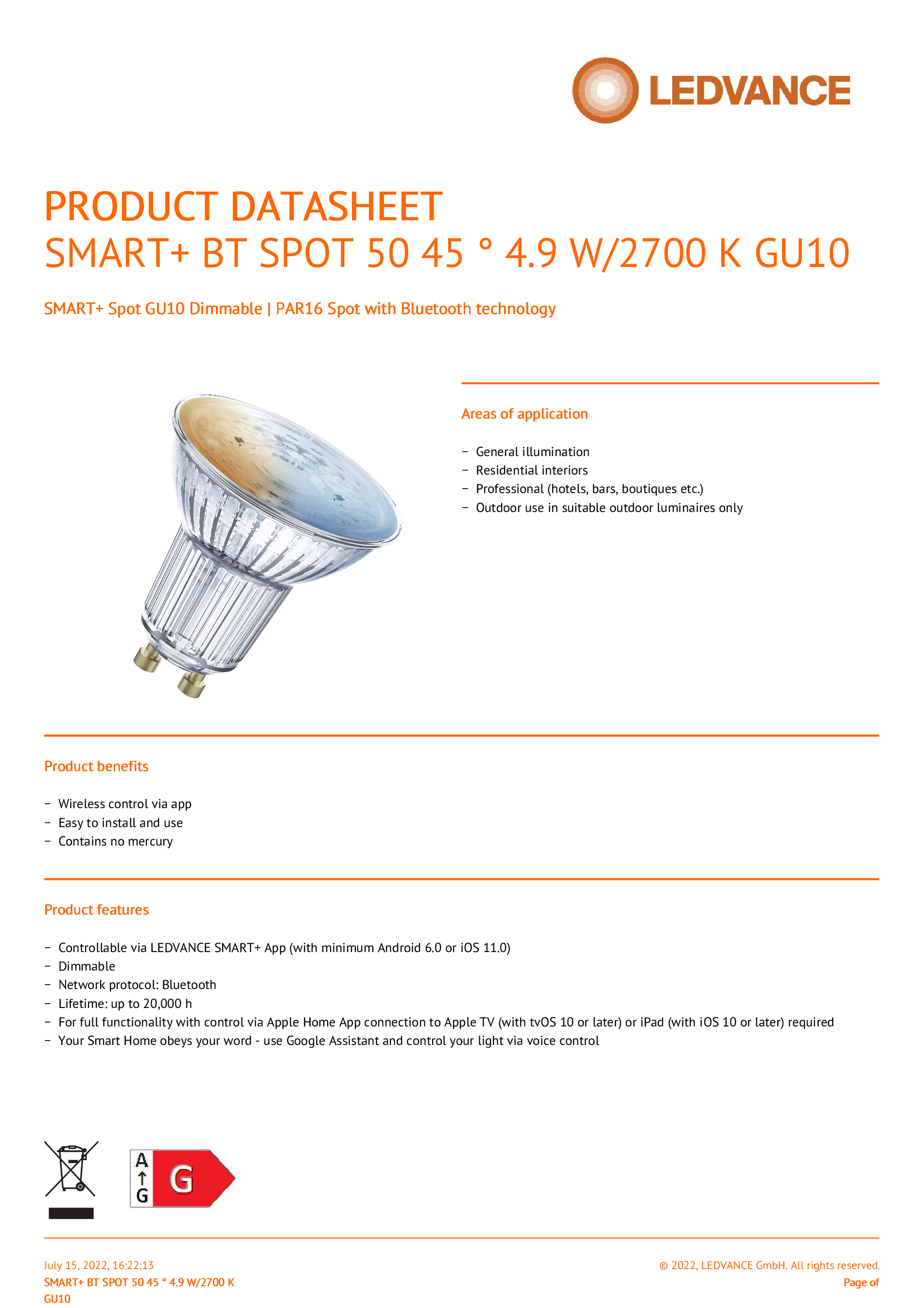 Una scheda tecnica del prodotto con un'illustrazione della lampadina e testo.