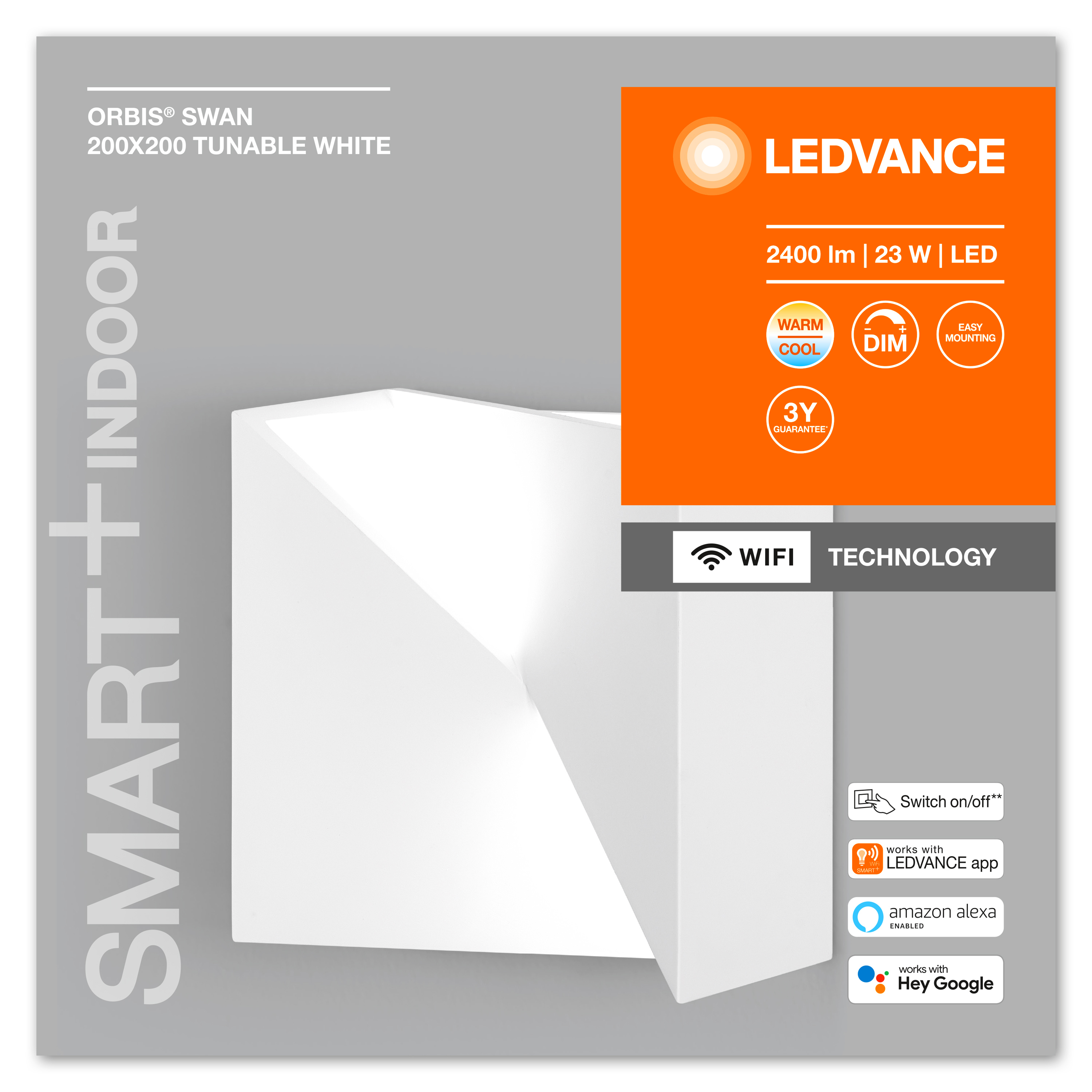 Lumière intérieure intelligente LEDVANCE carrée blanche, avec technologie wifi et détails LED sur la boîte.