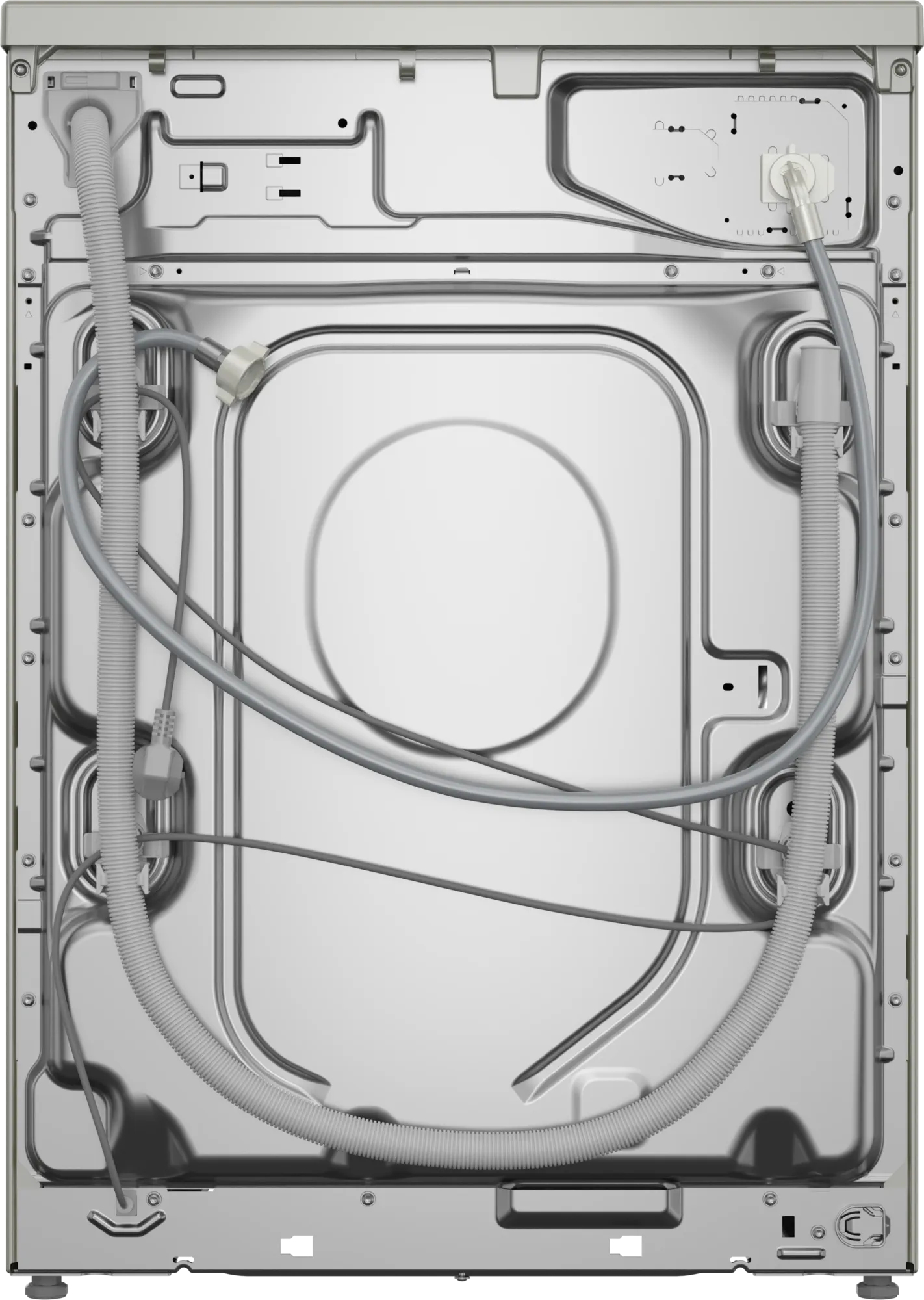 Tył pralki z widocznymi różnymi rurami i elementami elektrycznymi.