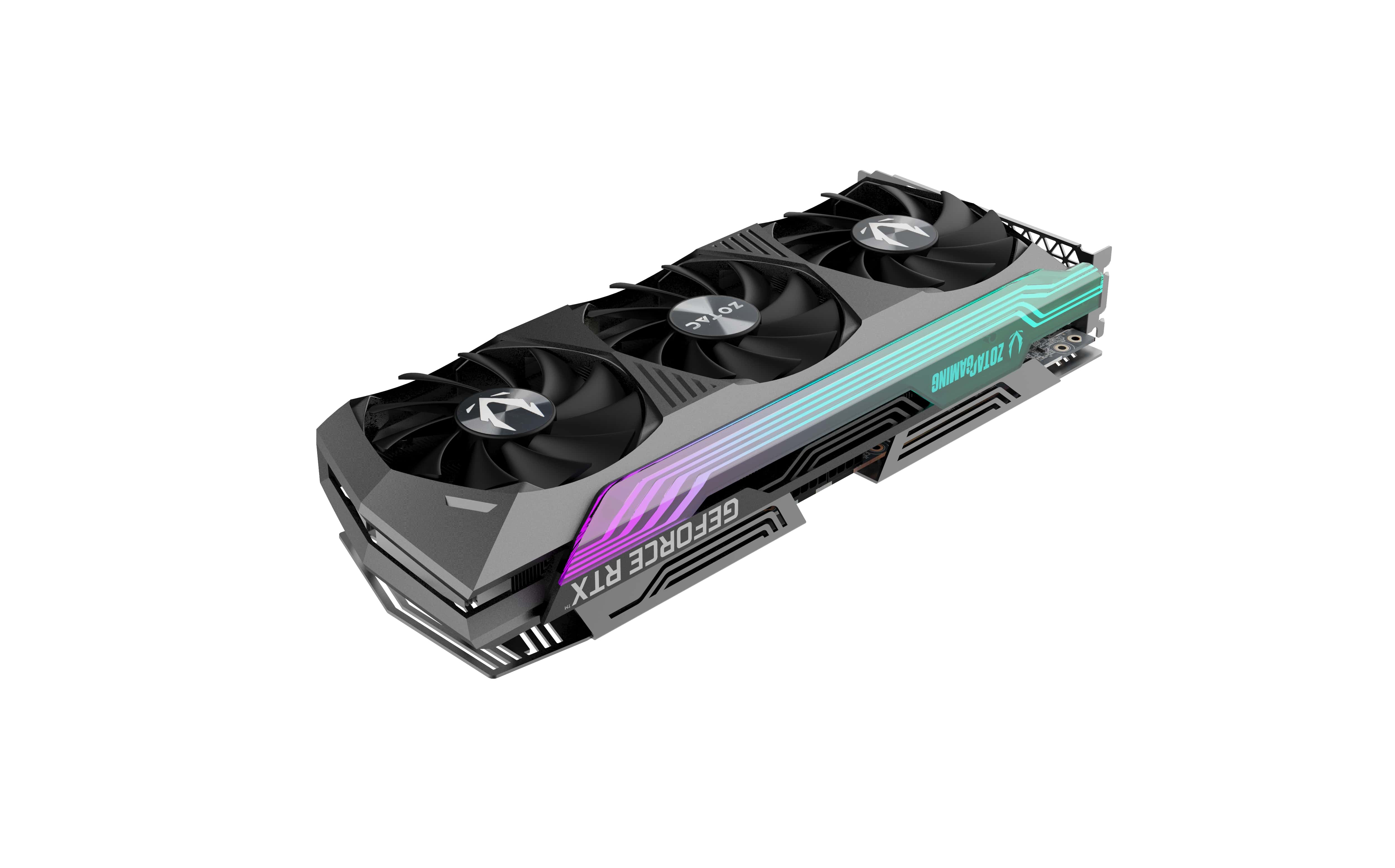A black and gray graphics card with three fans on a white background.