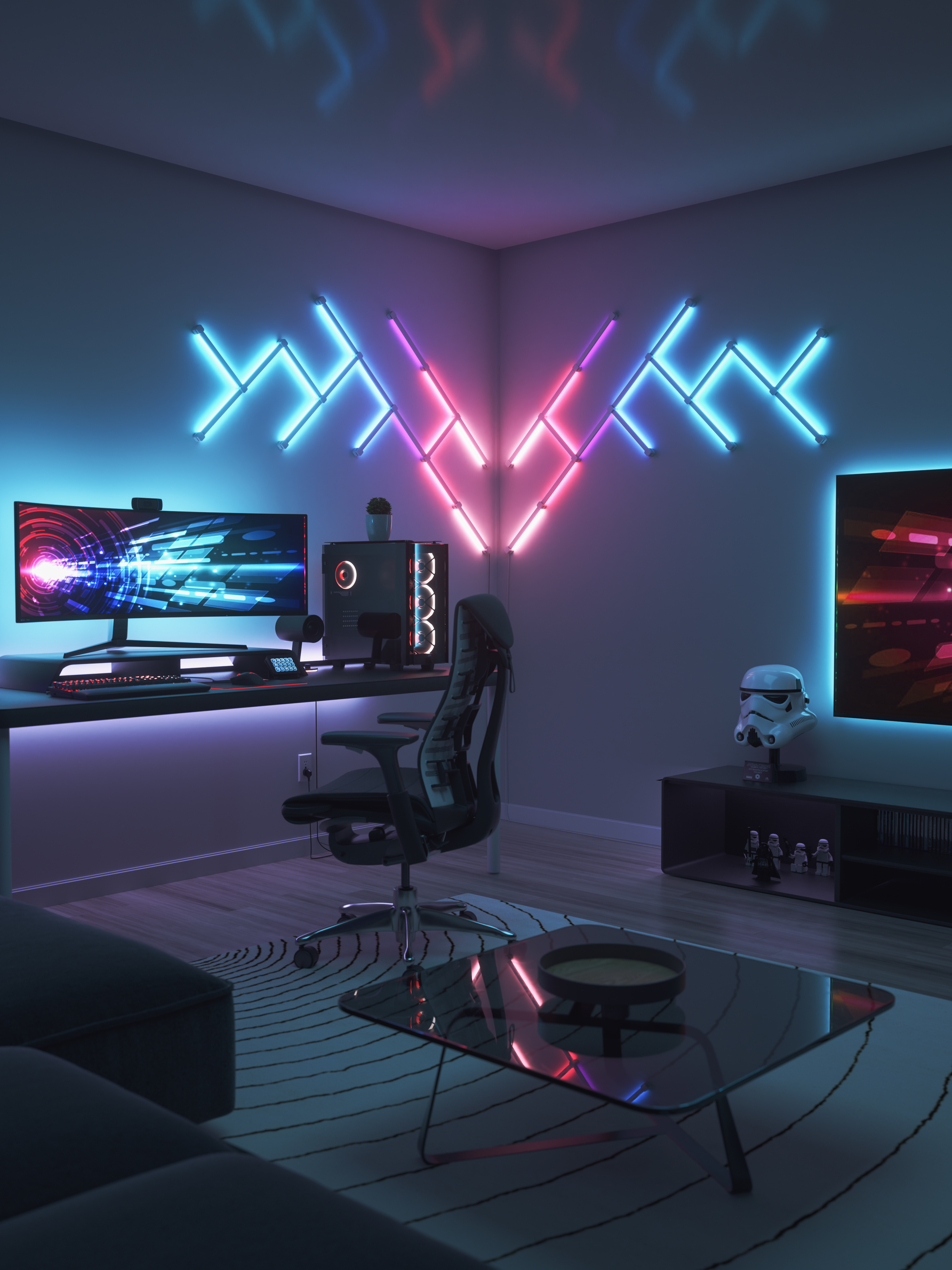 Una sala giochi con luci al neon, un'impostazione del computer e una sedia moderna.
