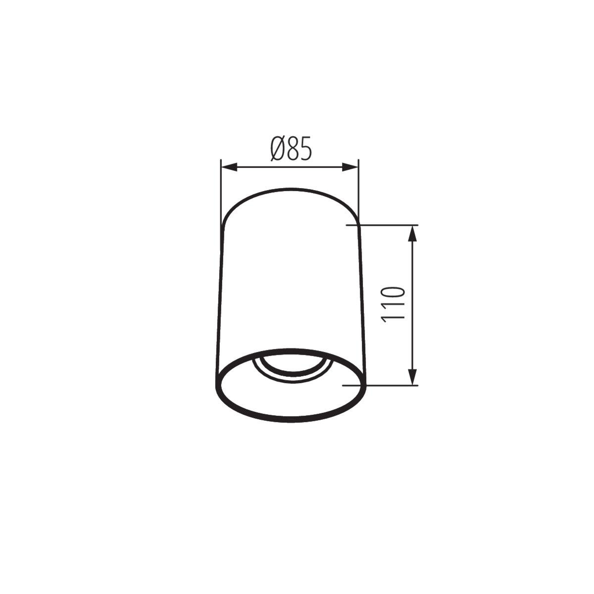 Disegno a tratto di un paralume, con dimensioni: 85 mm di diametro, 110 mm di altezza.