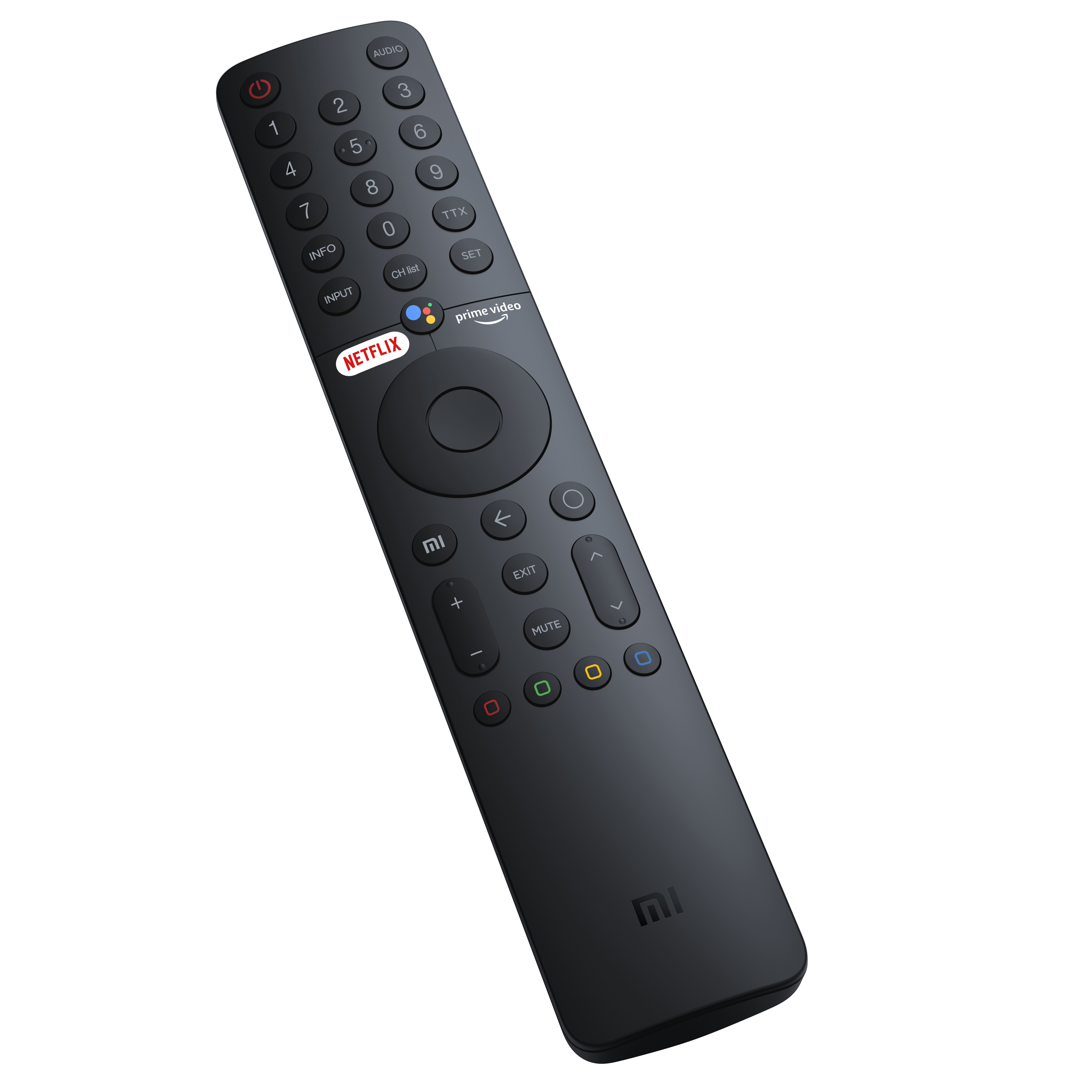 Czarny pilot z przyciskami Netflix i Prime Video. Znajduje się na białym tle.