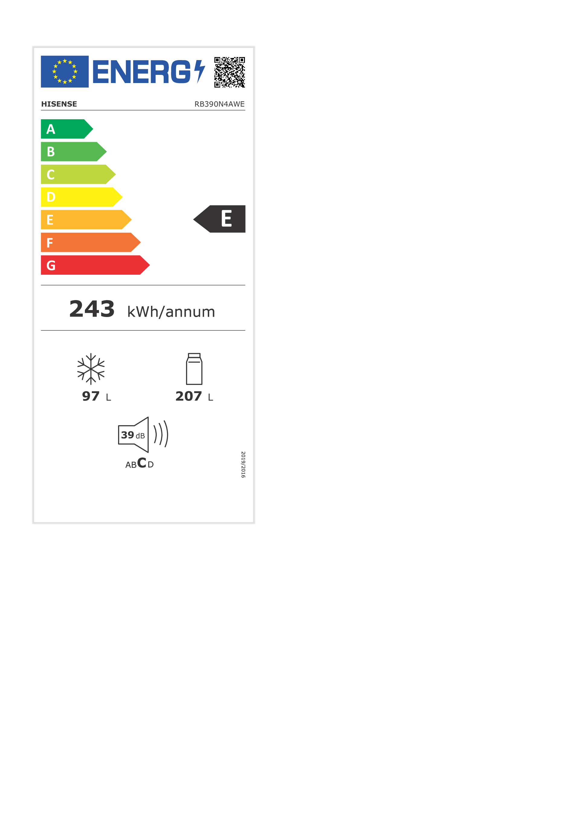 Etykieta energetyczna dla lodówki Hisense, pokazująca efektywność energetyczną i szczegóły zużycia.