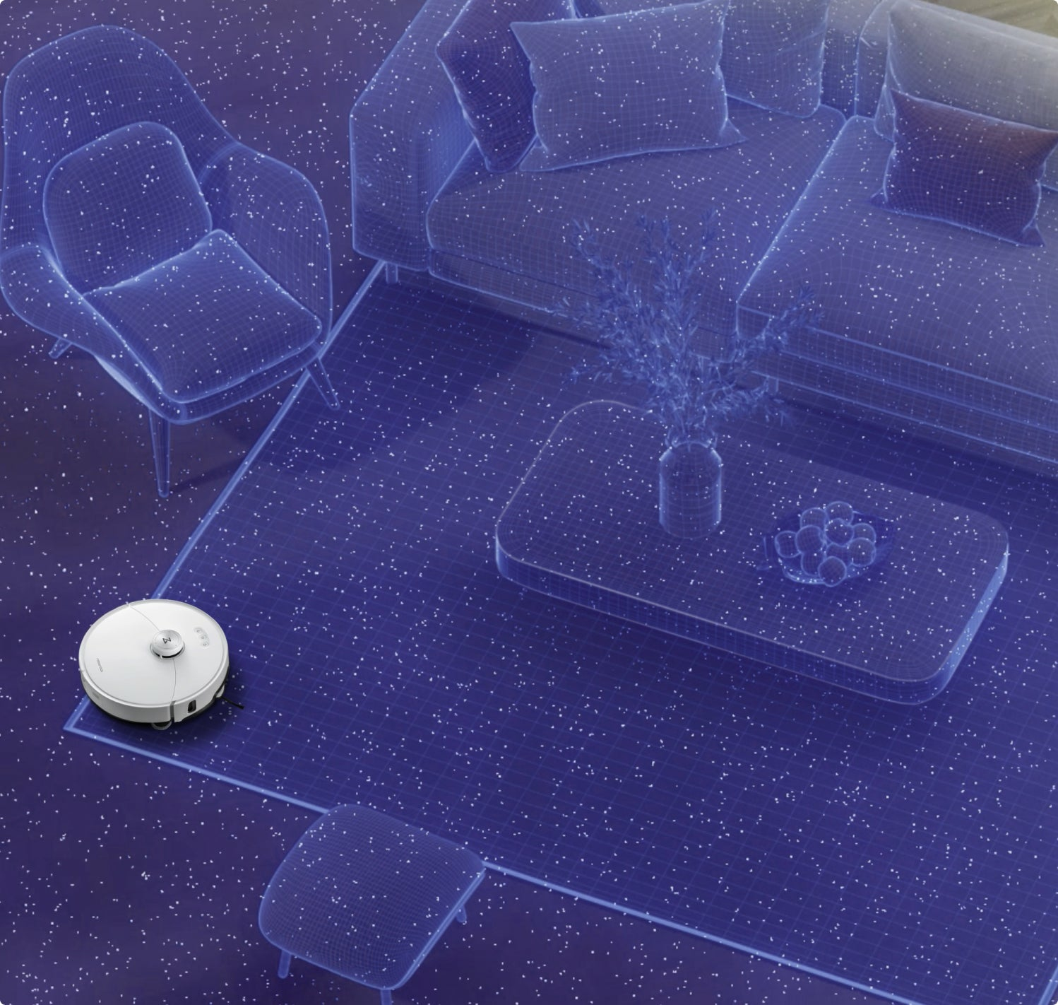 Robot sprząta salon z drucianymi meblami. Podłoga ma białe kropki.