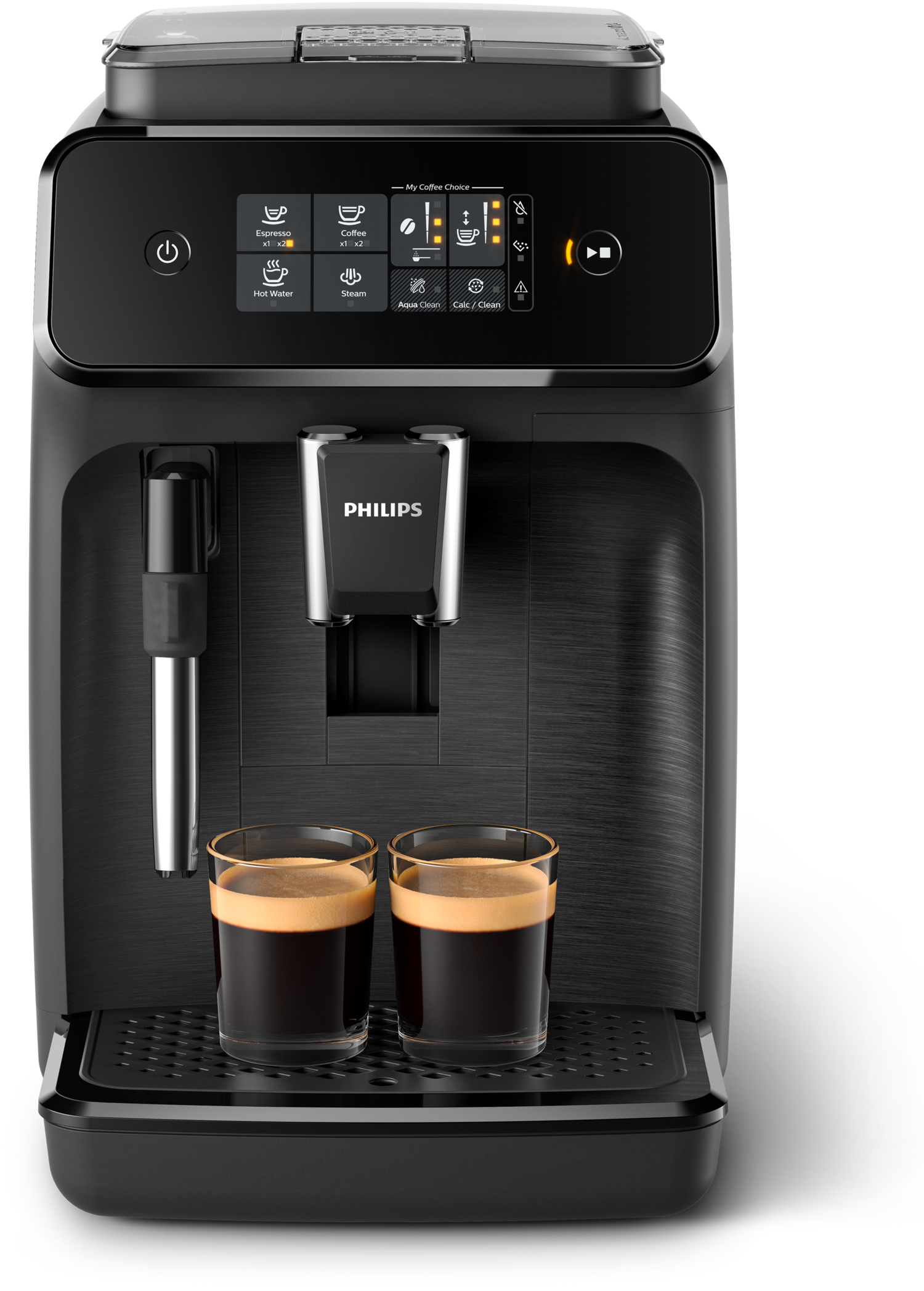 Czarny ekspres do kawy z dwoma szklankami espresso. Widoczne logo Philips. Przyciski i ekran z przodu.