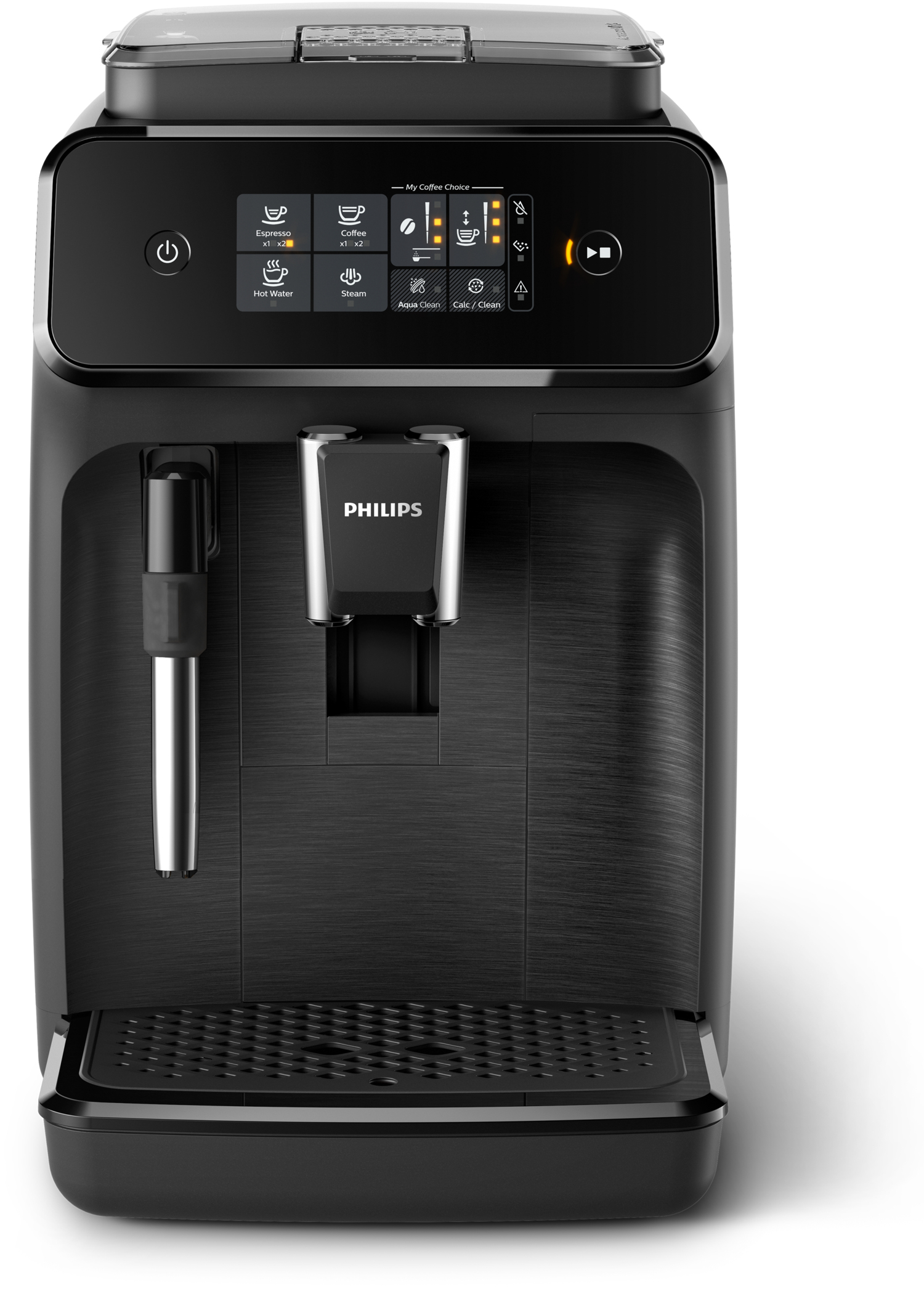 Schwarze Philips Kaffeemaschine. Sie hat einen Touchscreen und verschiedene Tasten für verschiedene Funktionen.