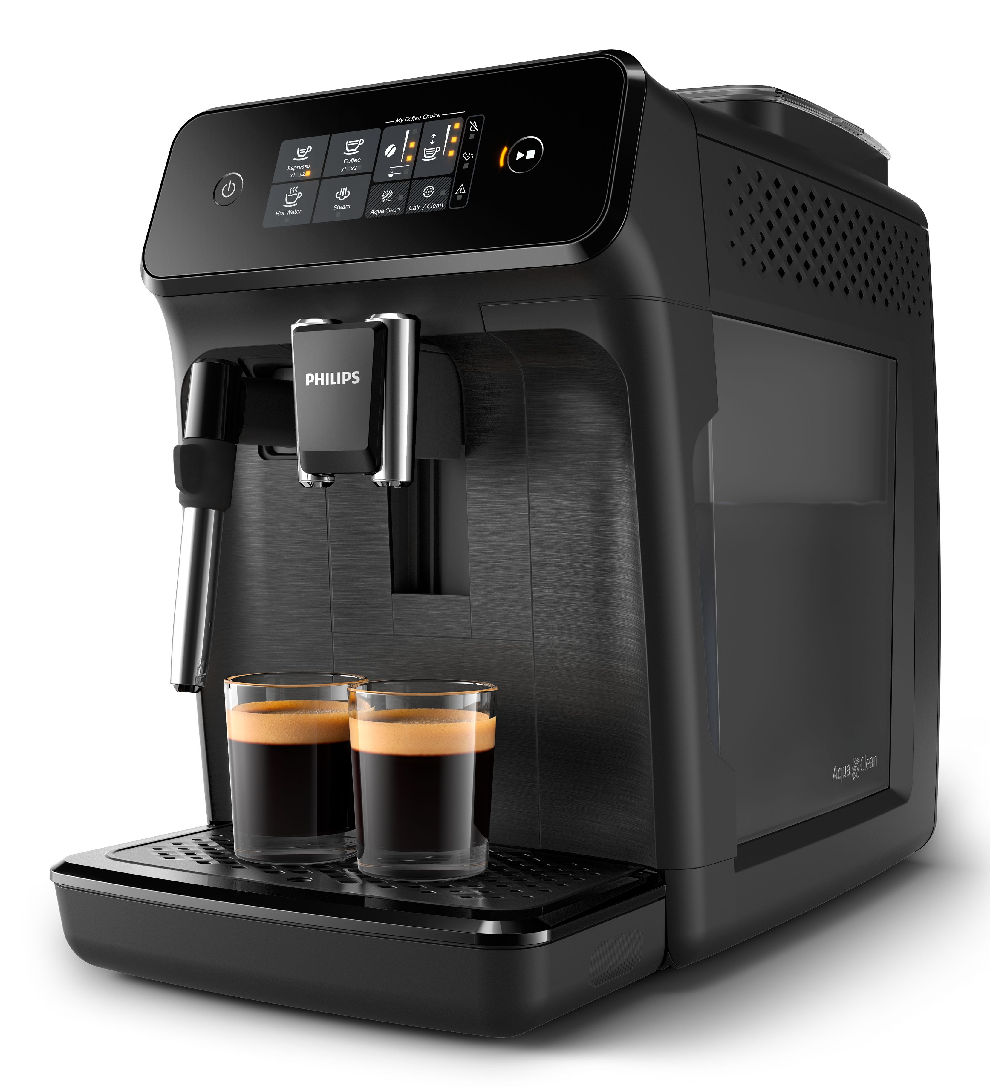 Schwarze Kaffeemaschine mit zwei Espressogläsern, Touchscreen-Display und Wassertank.