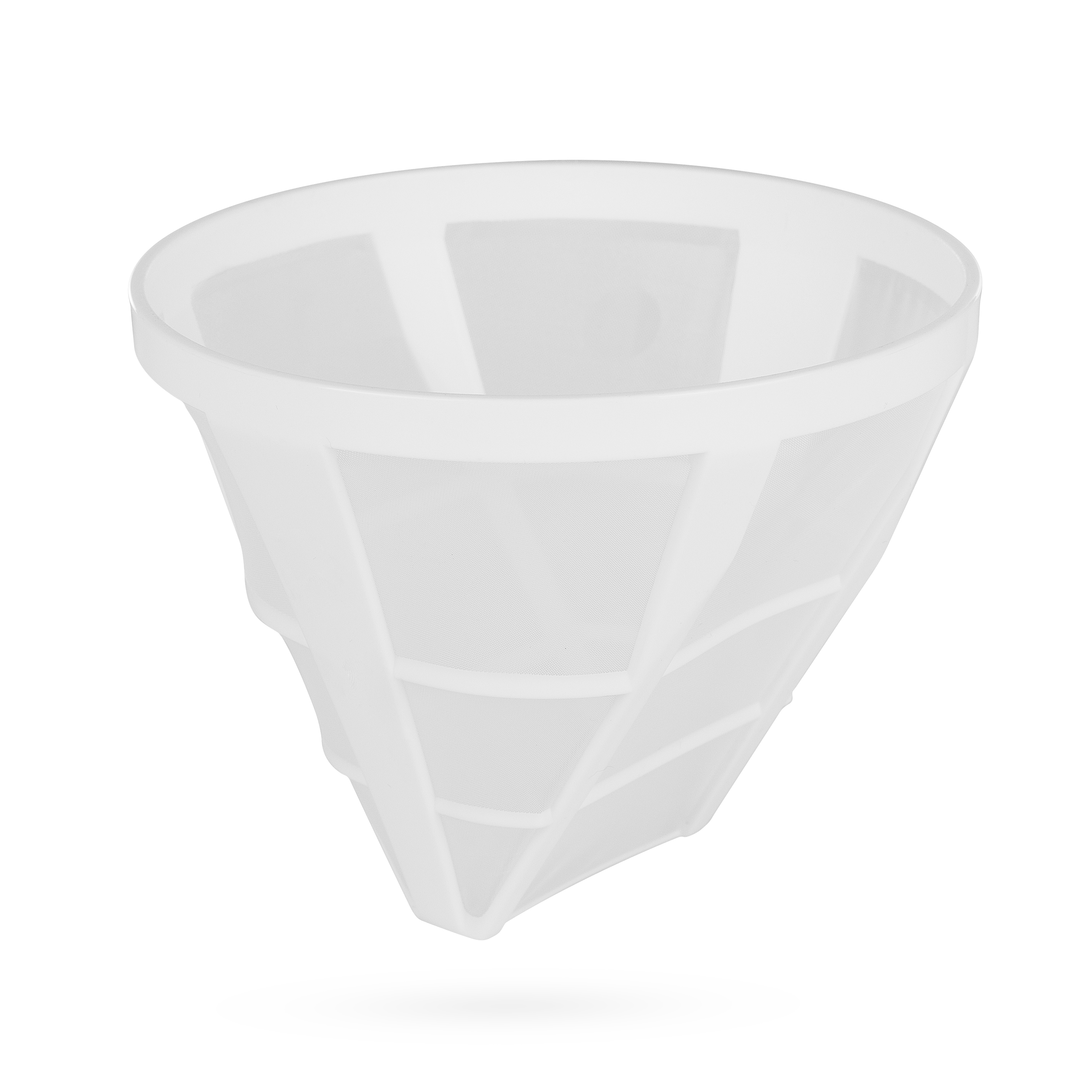 Biały plastikowy filtr do kawy w kształcie stożka. Wewnątrz znajduje się siatka.