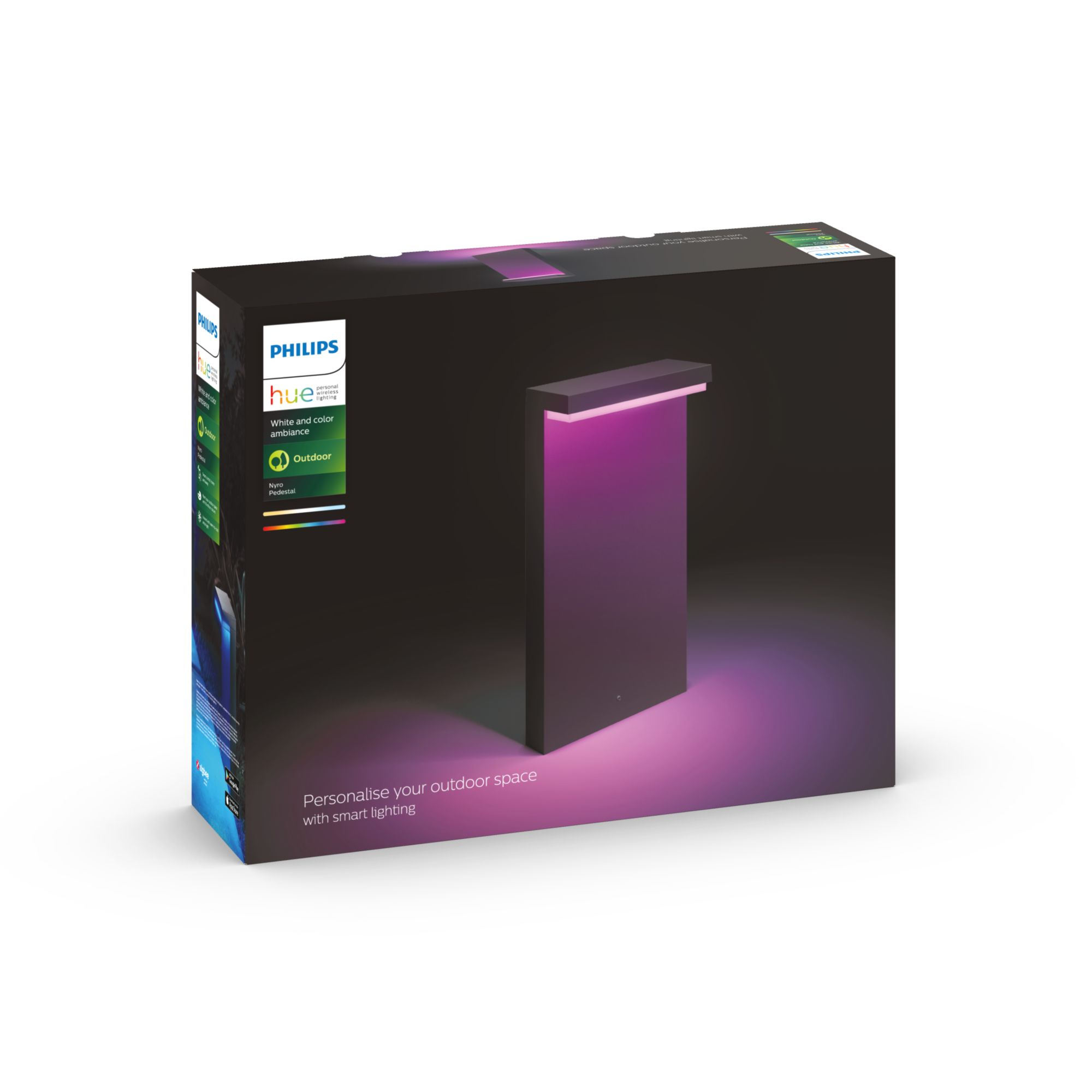 Pudełko inteligentnego oświetlenia zewnętrznego Philips Hue jest wyświetlane na białym tle.