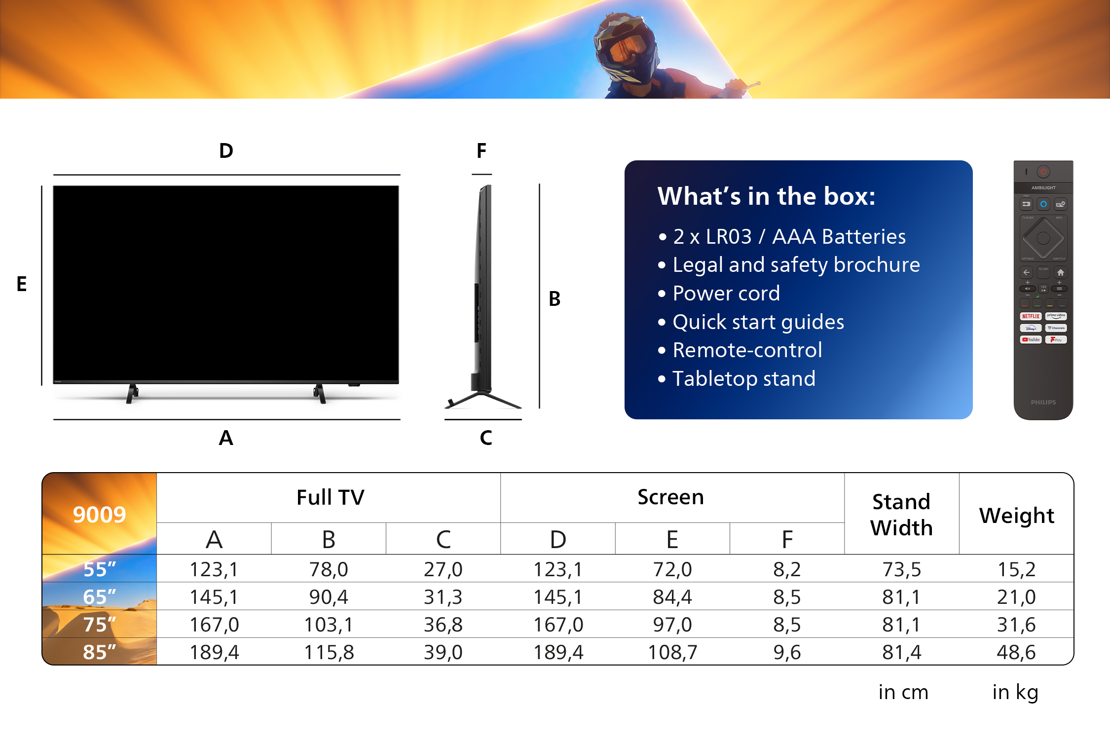 TV con dimensioni e funzionalità, con un telecomando e il testo Cosa c'è nella scatola?.