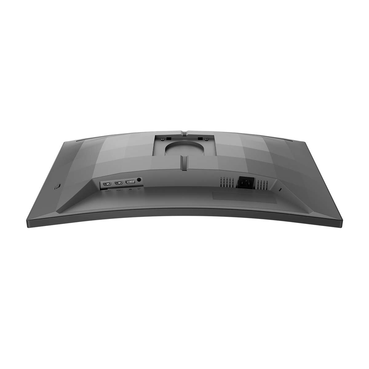 Tył zakrzywionego monitora, pokazujący porty i połączenia.