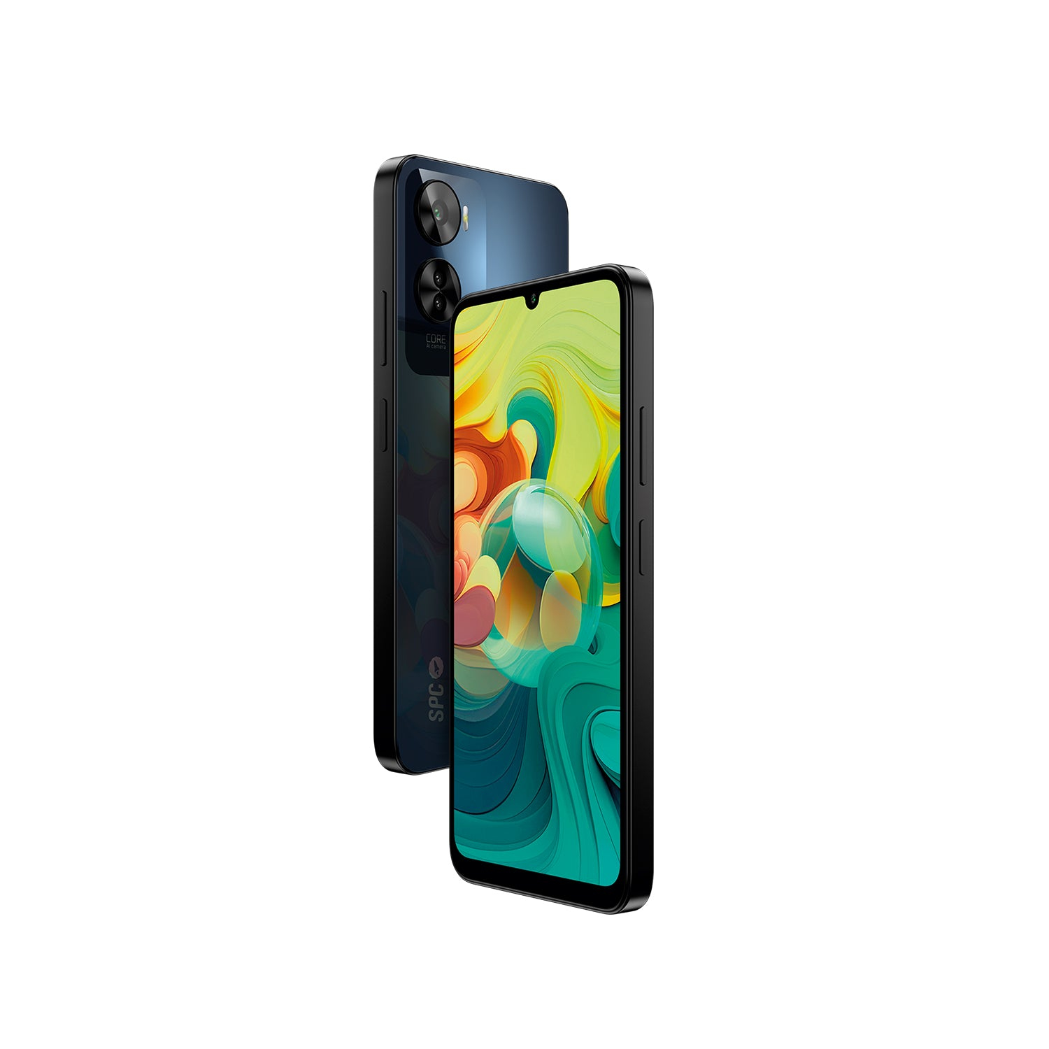 Zwei Telefone, eines schwarz und eines blau. Das blaue Telefon ist hinten.