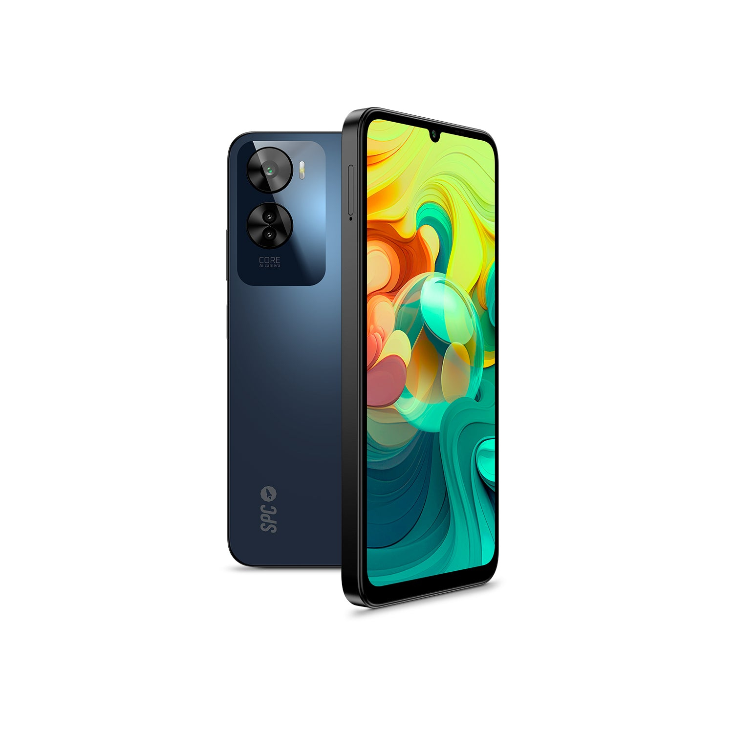 Blaues Smartphone, zwei Winkel. Ein Kamerahügel ist auf der Rückseite sichtbar.