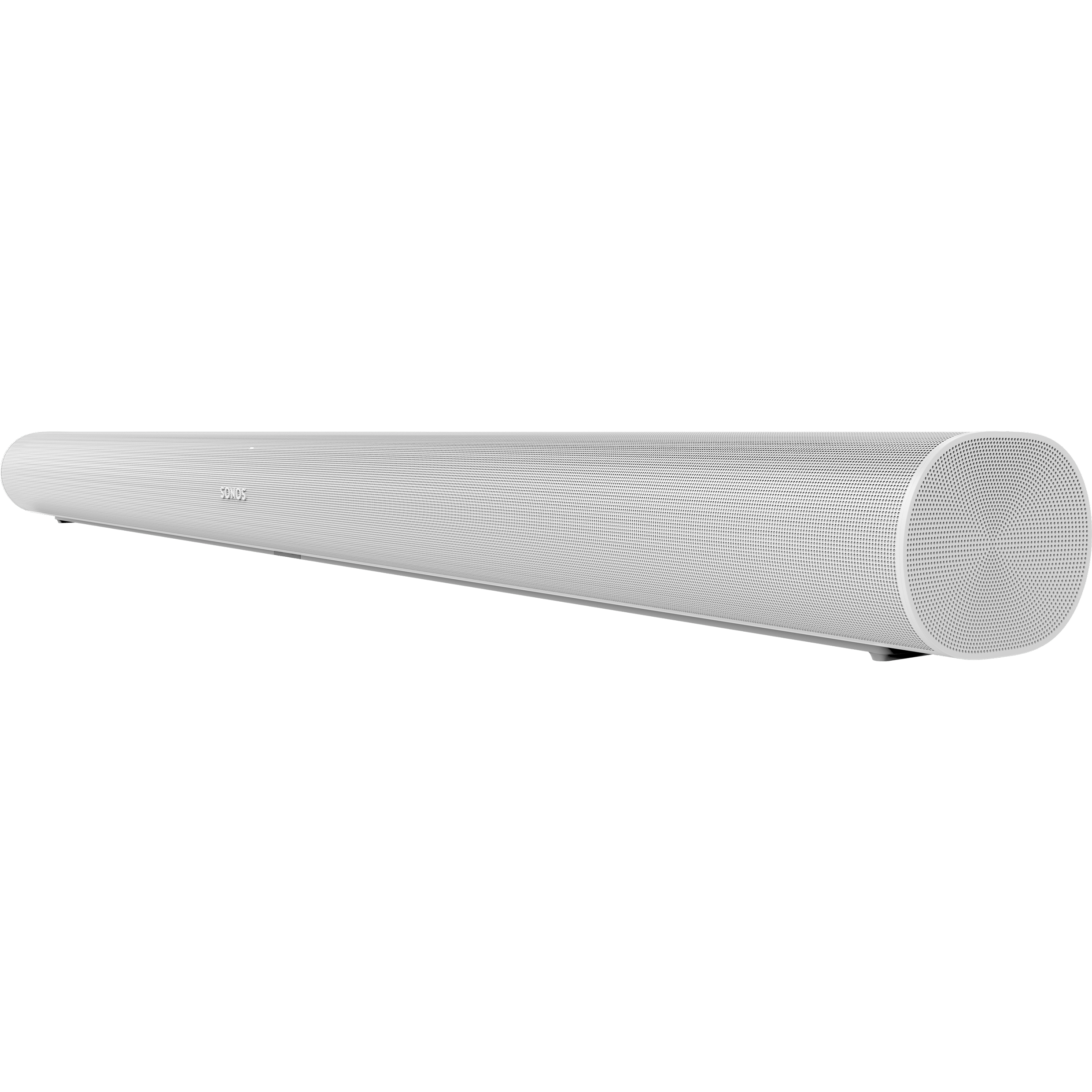 Ein weißer Soundbar-Lautsprecher mit abgerundeten Enden auf weißem Hintergrund, der das Produktdesign zeigt.