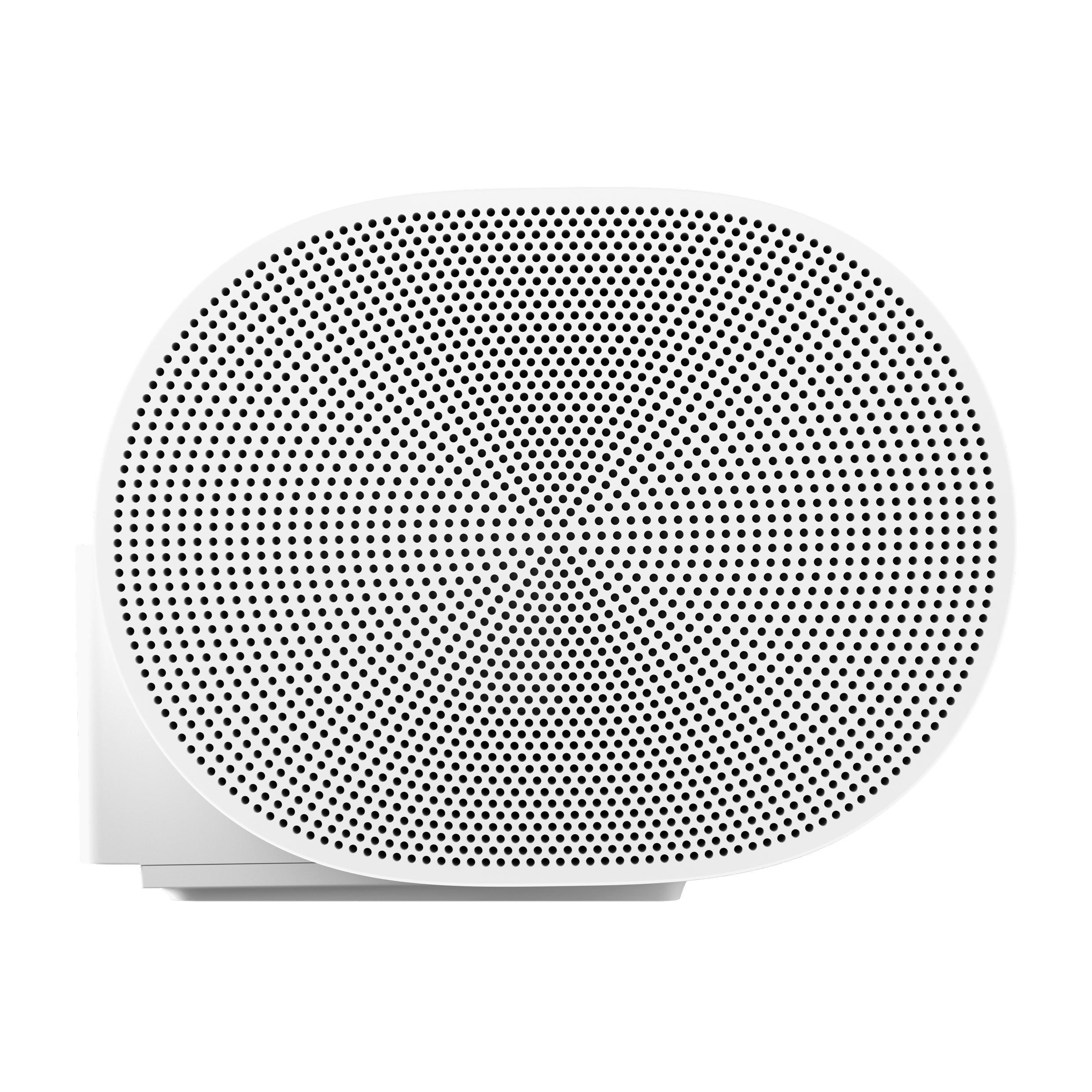 Weißer Sonos-Lautsprecher mit schwarzem Lautsprechergitter, montiert auf einer weißen Oberfläche.