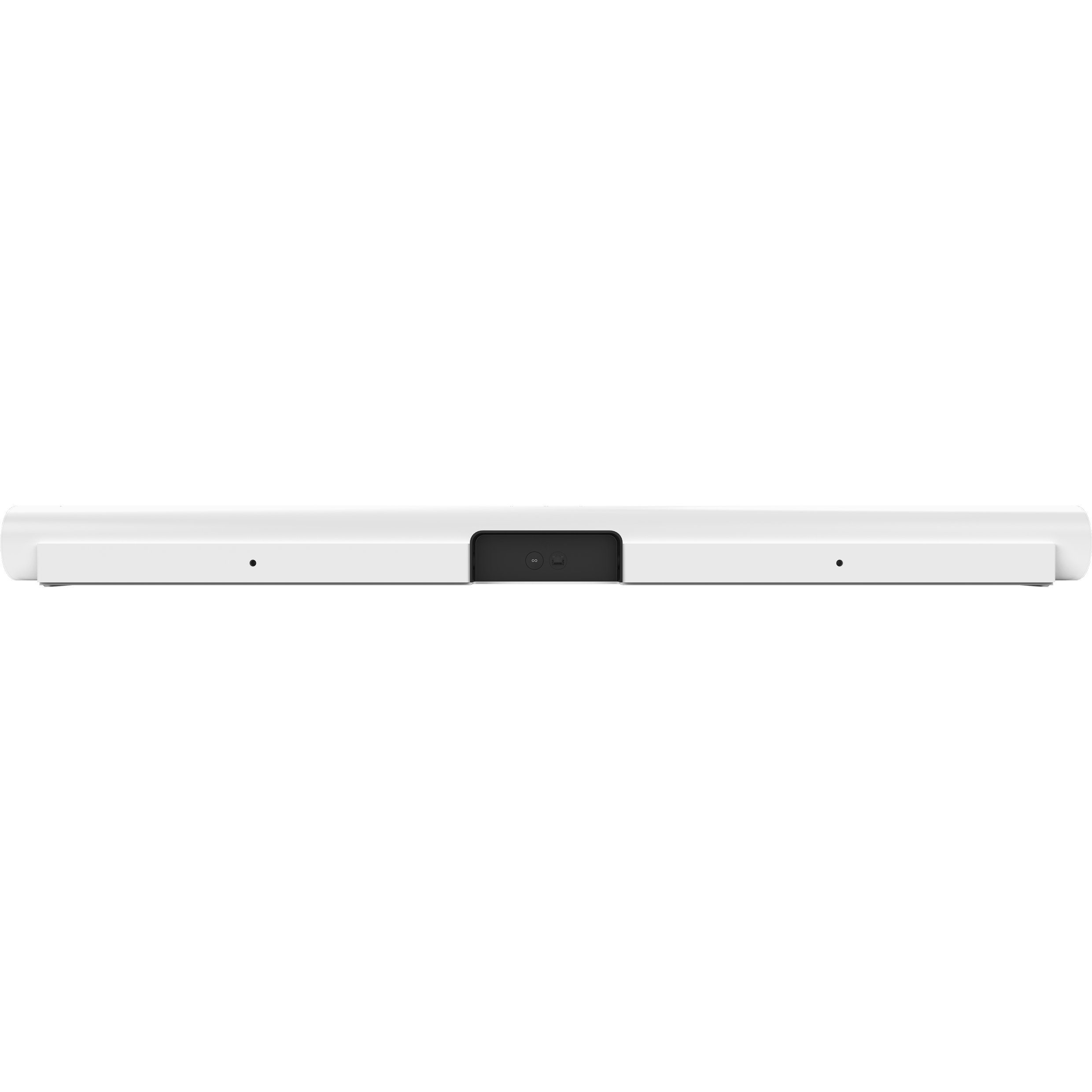 Weißer Soundbar mit schwarzem Mittelteil. Der Soundbar ist lang und rechteckig.