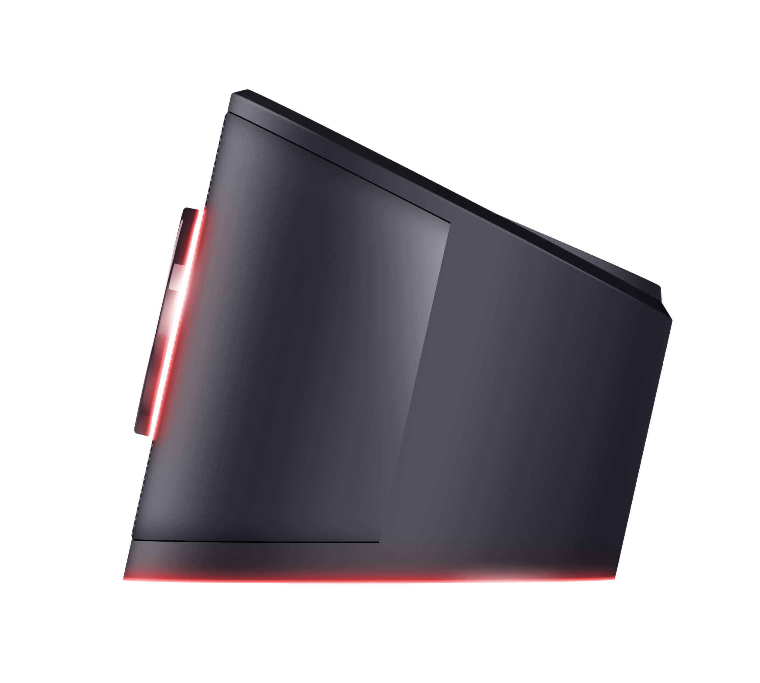 Czarny głośnik ustawiony pod kątem, z czerwonym paskiem świetlnym na dole. Prezentuje nowoczesny, elegancki design.