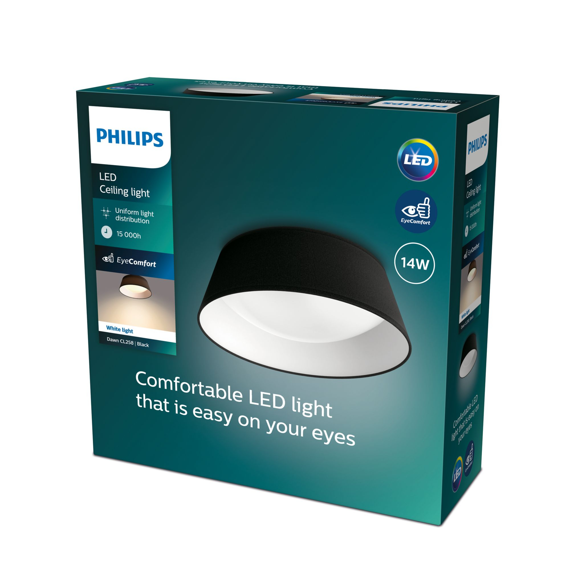 Una caja en blanco y negro de una lámpara de techo LED Philips, con una luz negra en su interior.