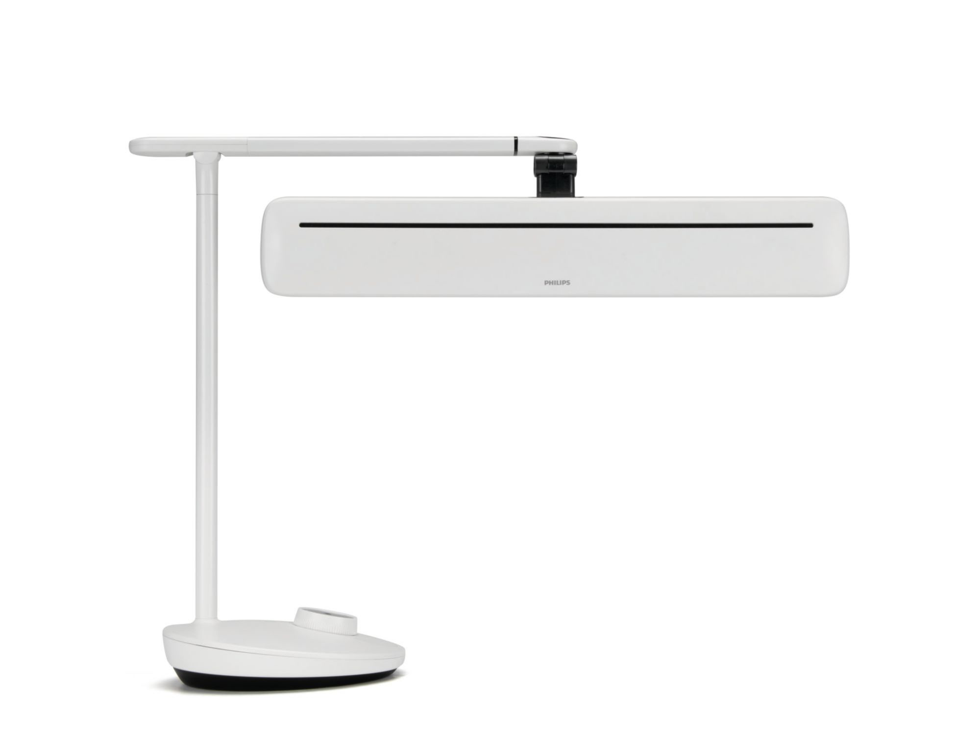 Lampada da scrivania bianca con braccio curvo e logo Philips, su sfondo bianco.