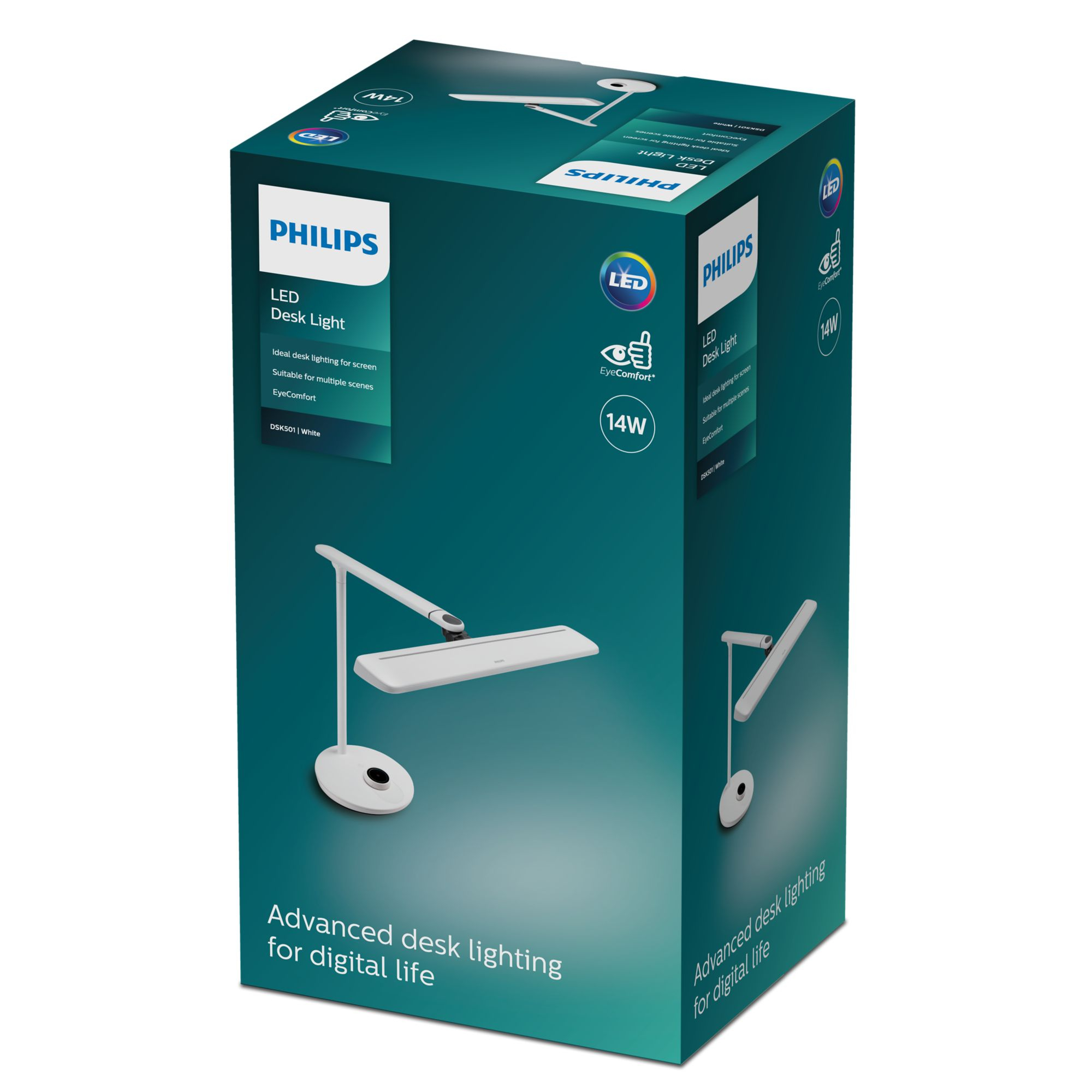 Una scatola di luce da scrivania LED Philips bianca. Mostra una luce e testo sull'illuminazione da scrivania sulla scatola.