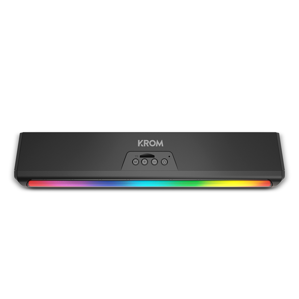 Soundbar nera con luci colorate in basso e pulsanti. Marchio KROM visibile.