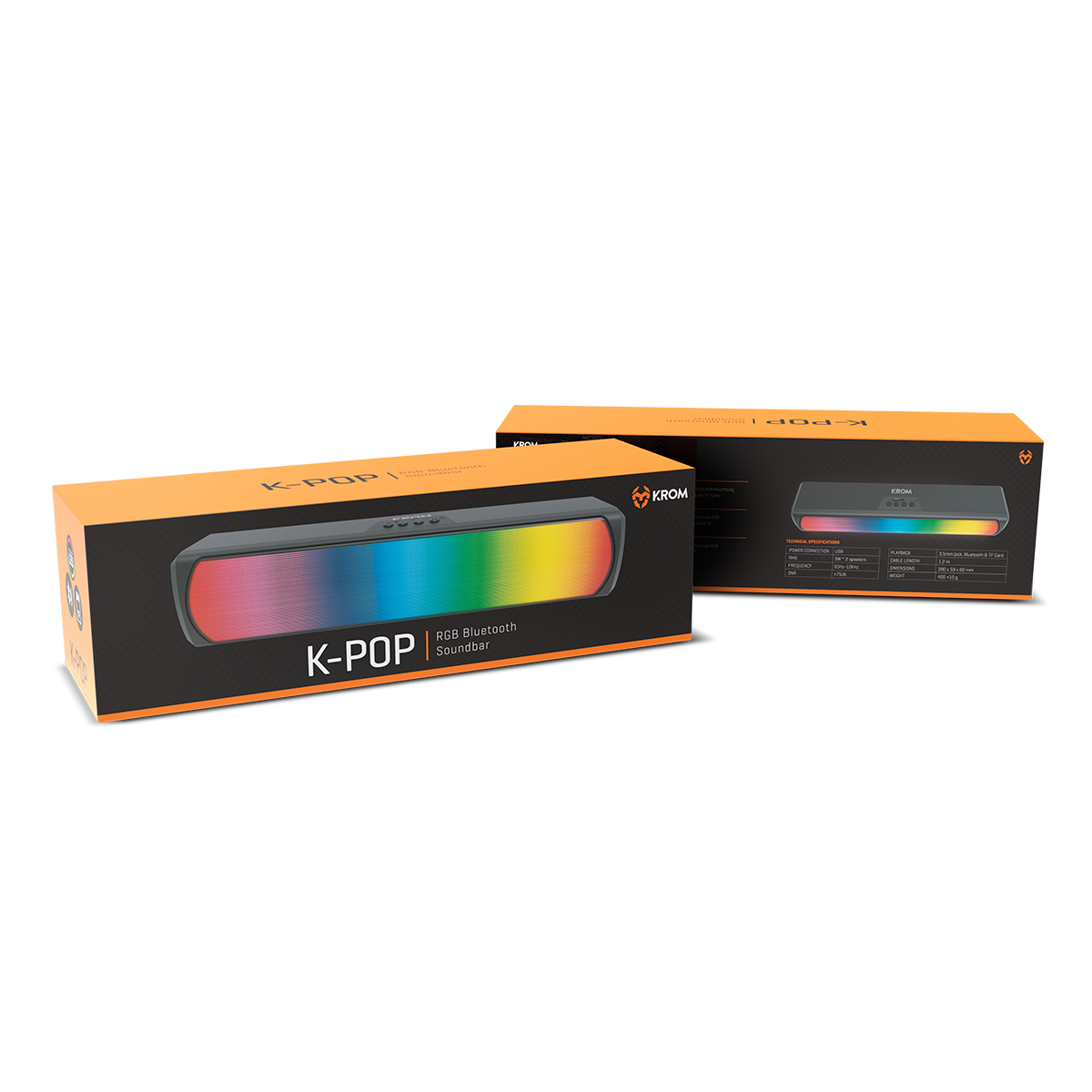 Due scatole di soundbar Bluetooth K-POP RGB. Una mostra l'altoparlante con luci arcobaleno. L'altra mostra i dettagli.