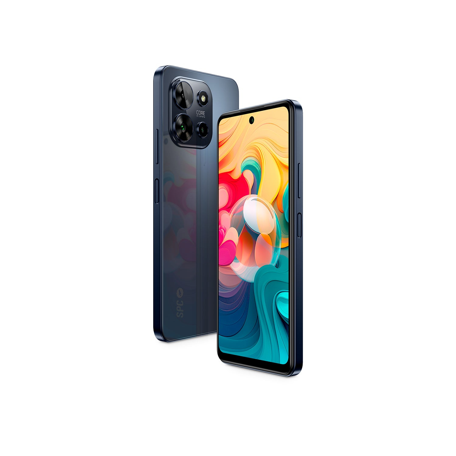Un teléfono inteligente azul con una pantalla colorida y múltiples cámaras.