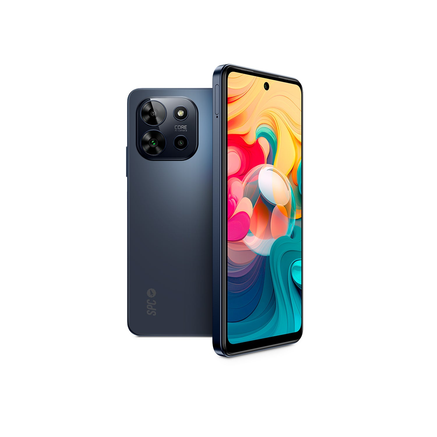 Smartphone con vistas trasera y frontal. Parte trasera azul, pantalla colorida, marco negro.