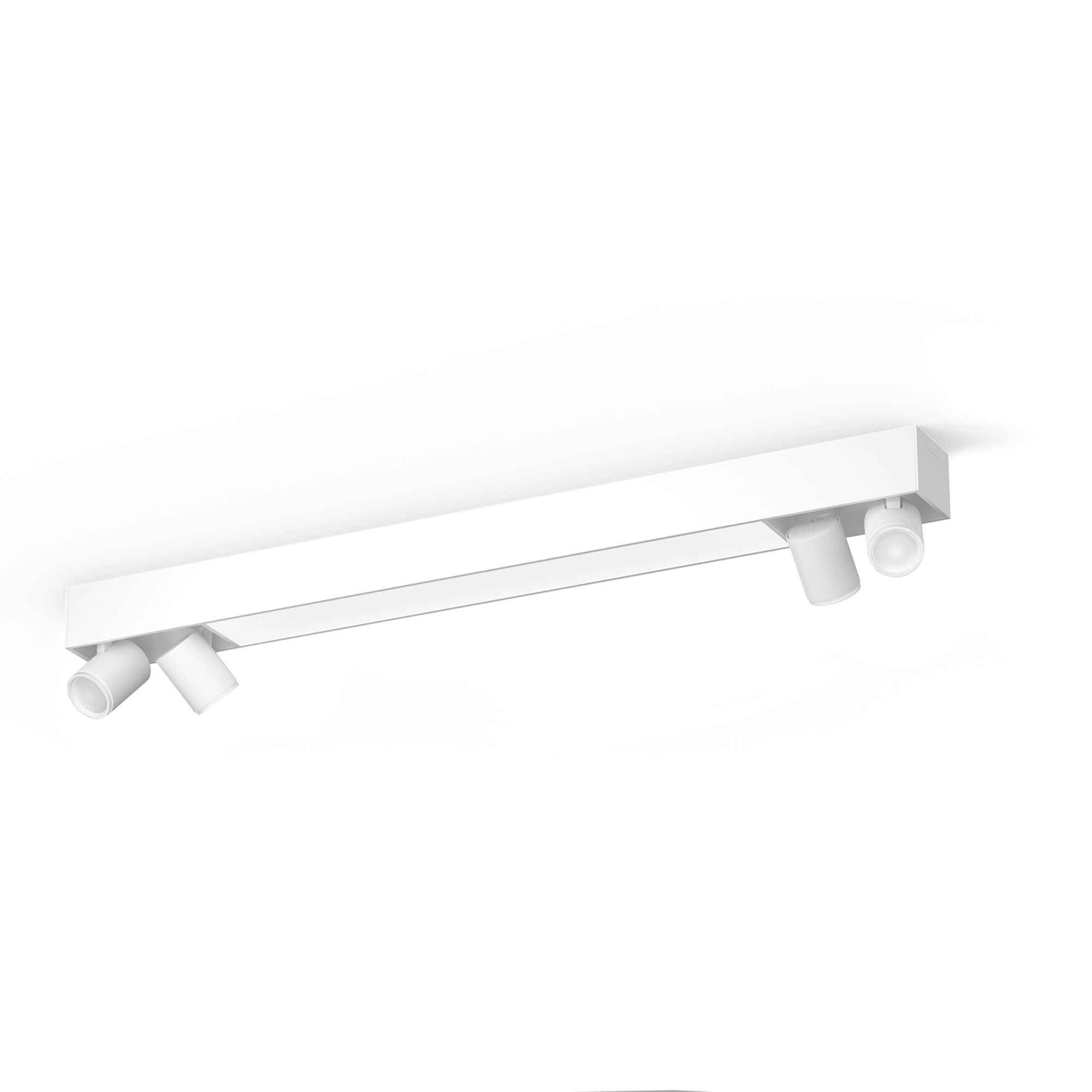 Biała, prostokątna szyna oświetleniowa z trzema regulowanymi reflektorami, białe tło.