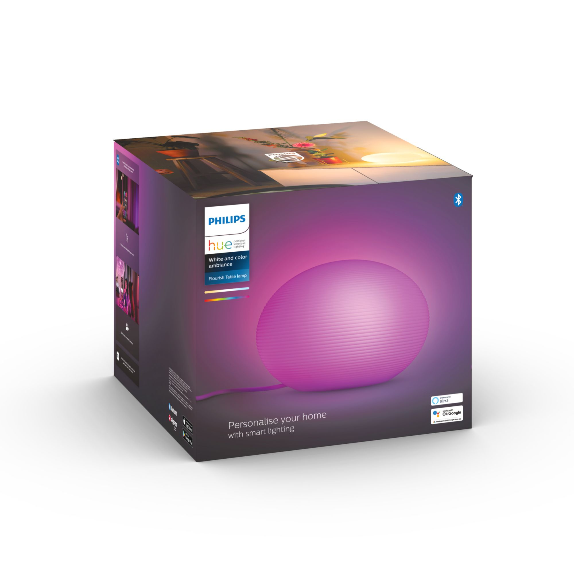 Pudełko produktu z lampą stołową Philips Hue, na białym tle.