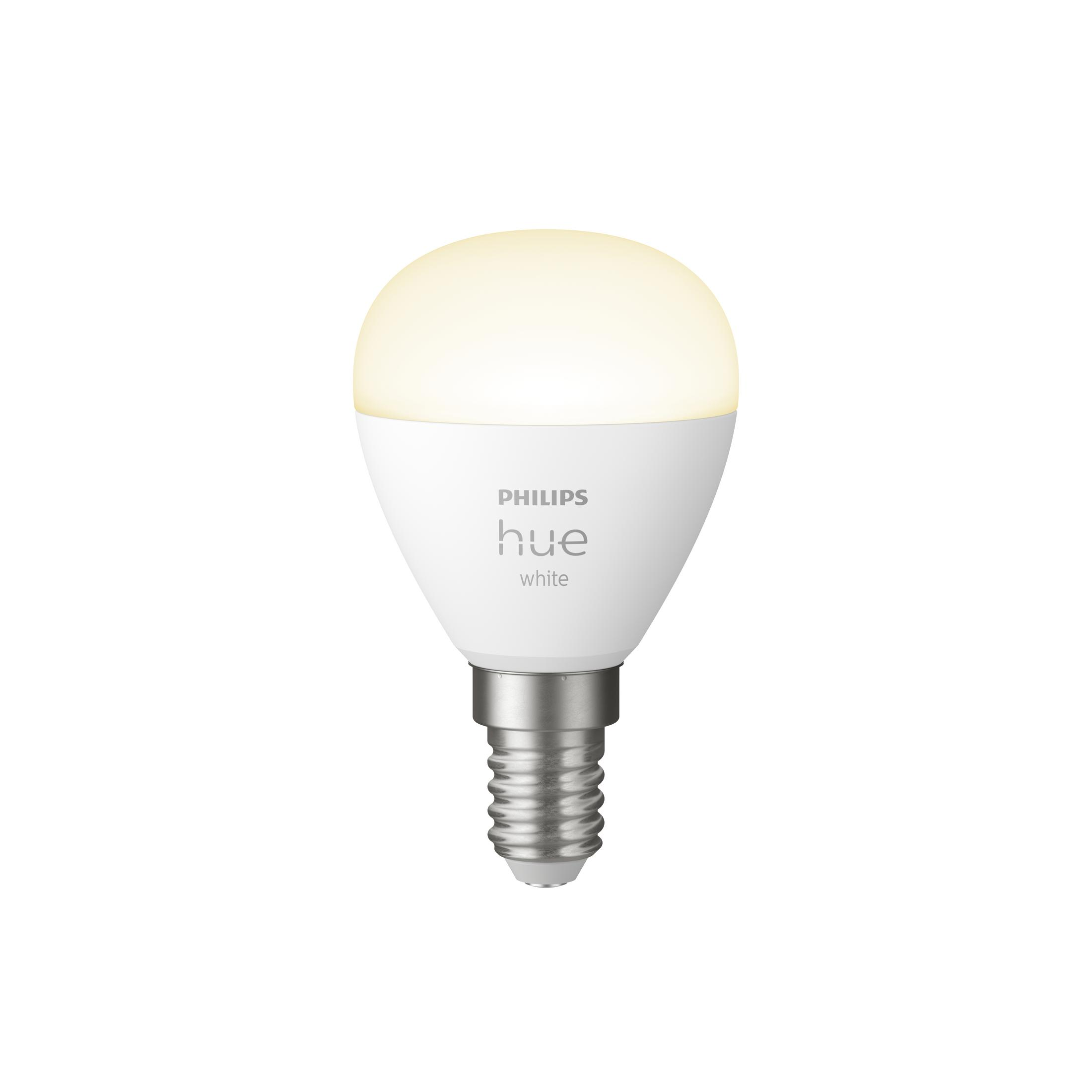 Biała inteligentna żarówka Philips Hue z białą podstawą. Izolowana na białym tle.