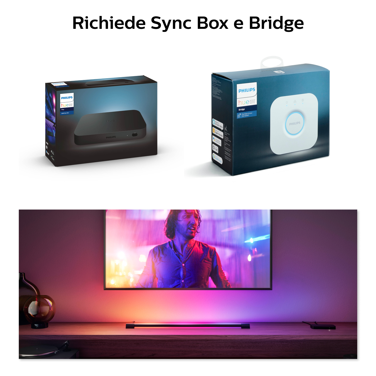 Zwei Philips Hue-Boxen und eine Szene mit einem Fernseher, der mit farbenfrohen Lichtern auf einer Holzoberfläche beleuchtet wird.
