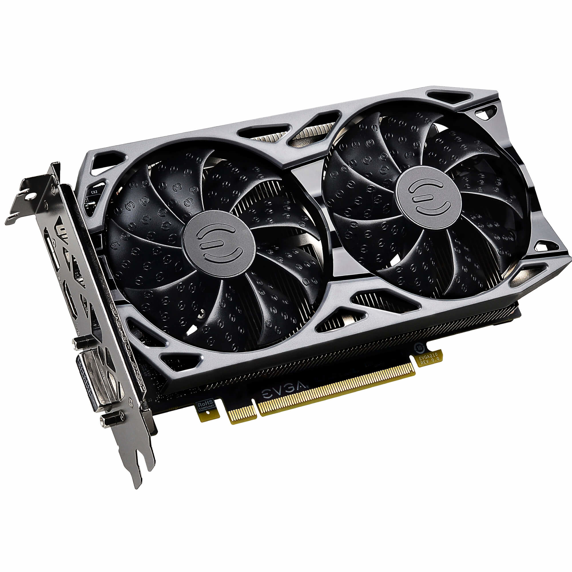 Tarjeta gráfica con dos ventiladores. Color plata y negro. La tarjeta tiene un logotipo EVGA.