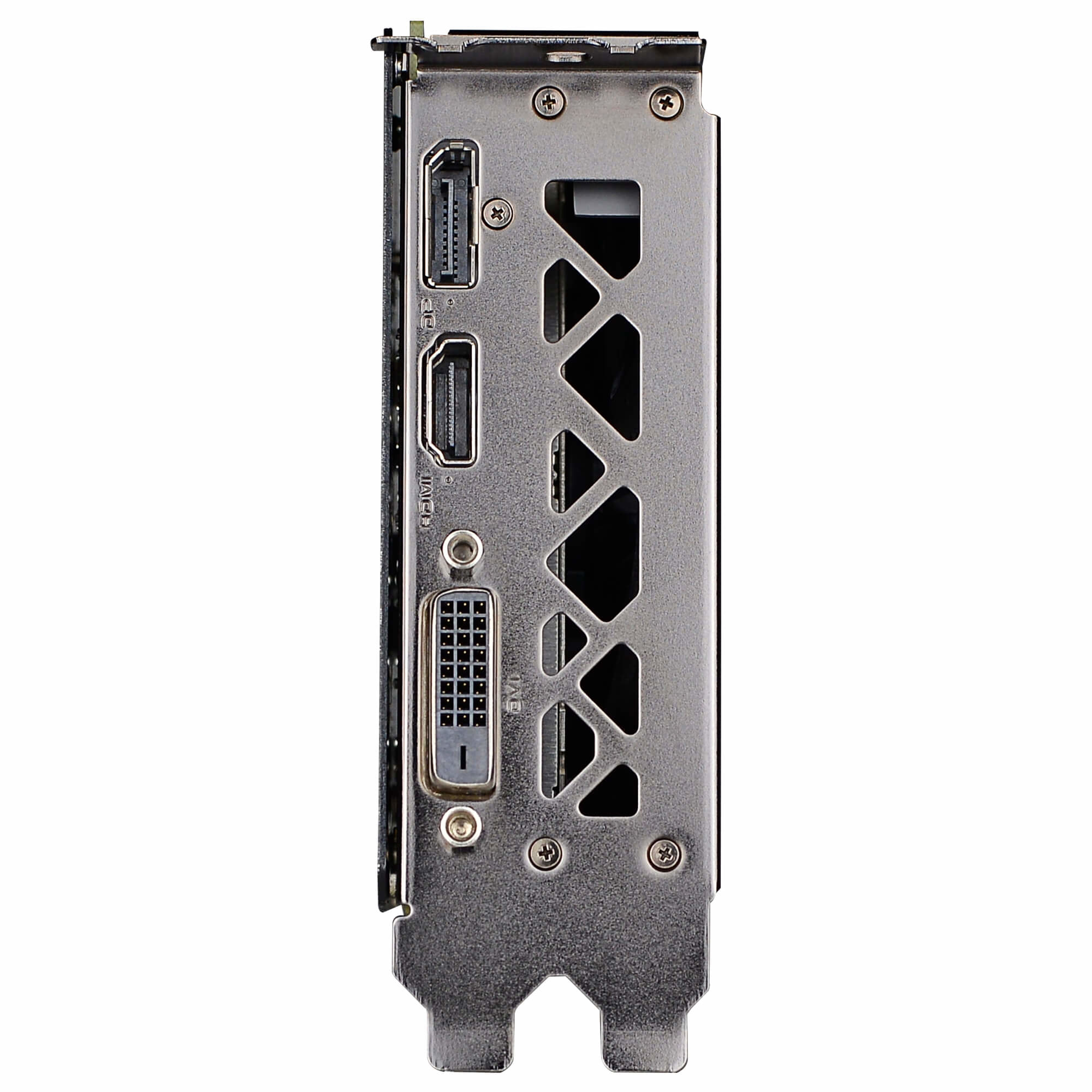 Tarjeta gráfica plateada con puertos. HDMI, DVI y otros puertos visibles en el panel lateral.