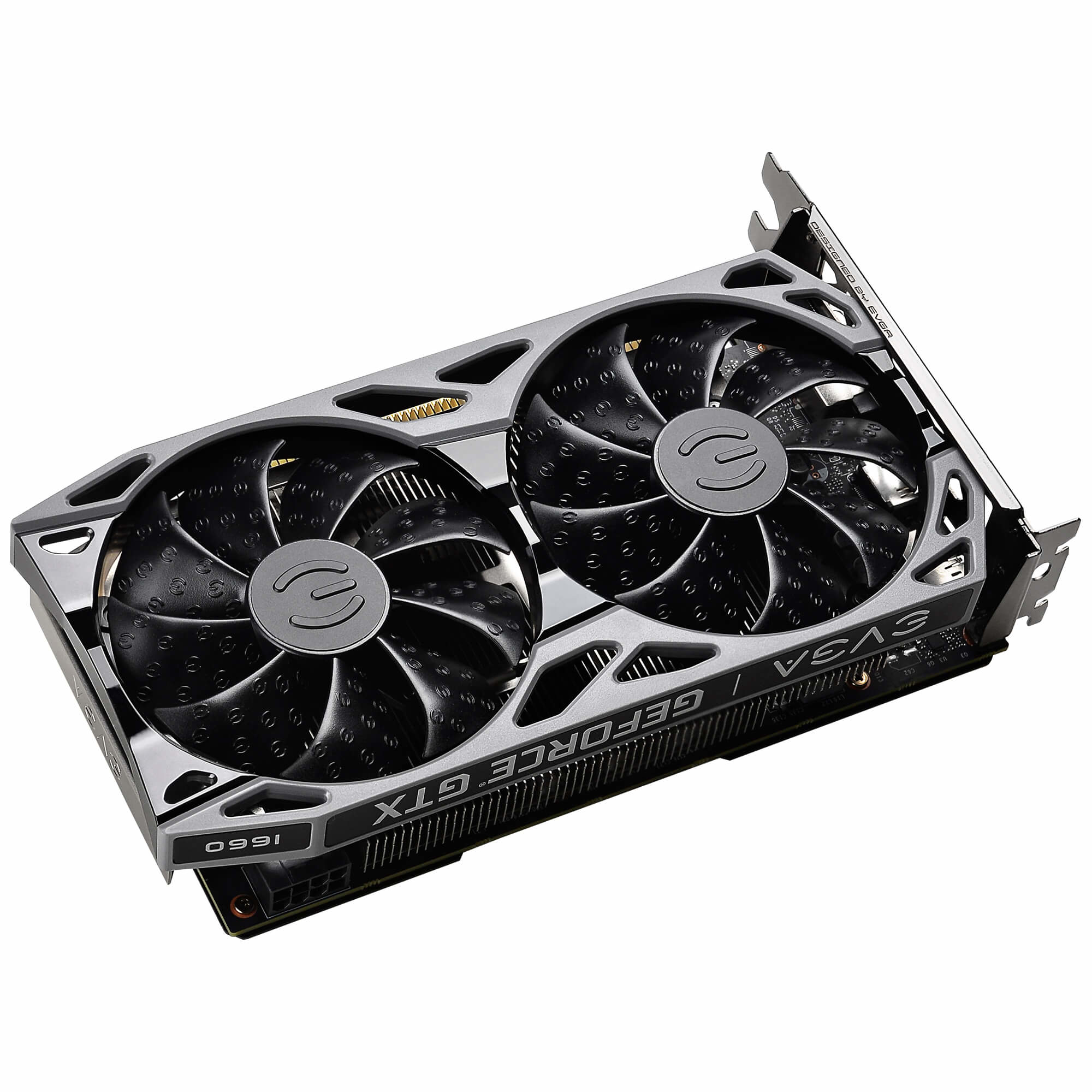 Tarjeta gráfica con dos ventiladores, plateada y negra, con texto EVGA y GEFORCE GTX.