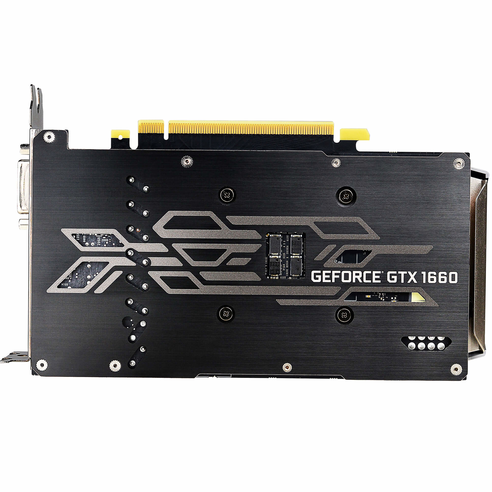 Parte trasera de una tarjeta gráfica GeForce GTX 1660 negra.