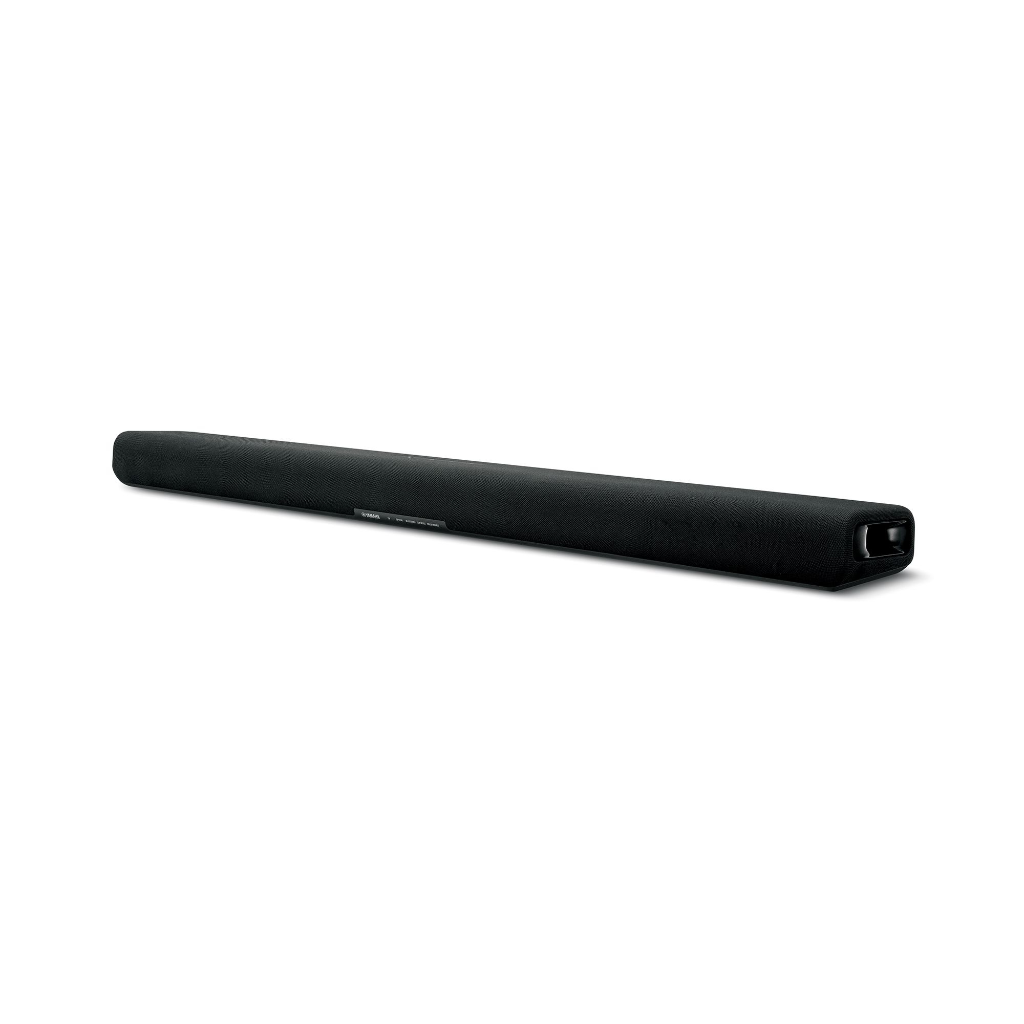 Una soundbar lunga e nera. È rettangolare e ha un logo Yamaha. È su uno sfondo bianco.