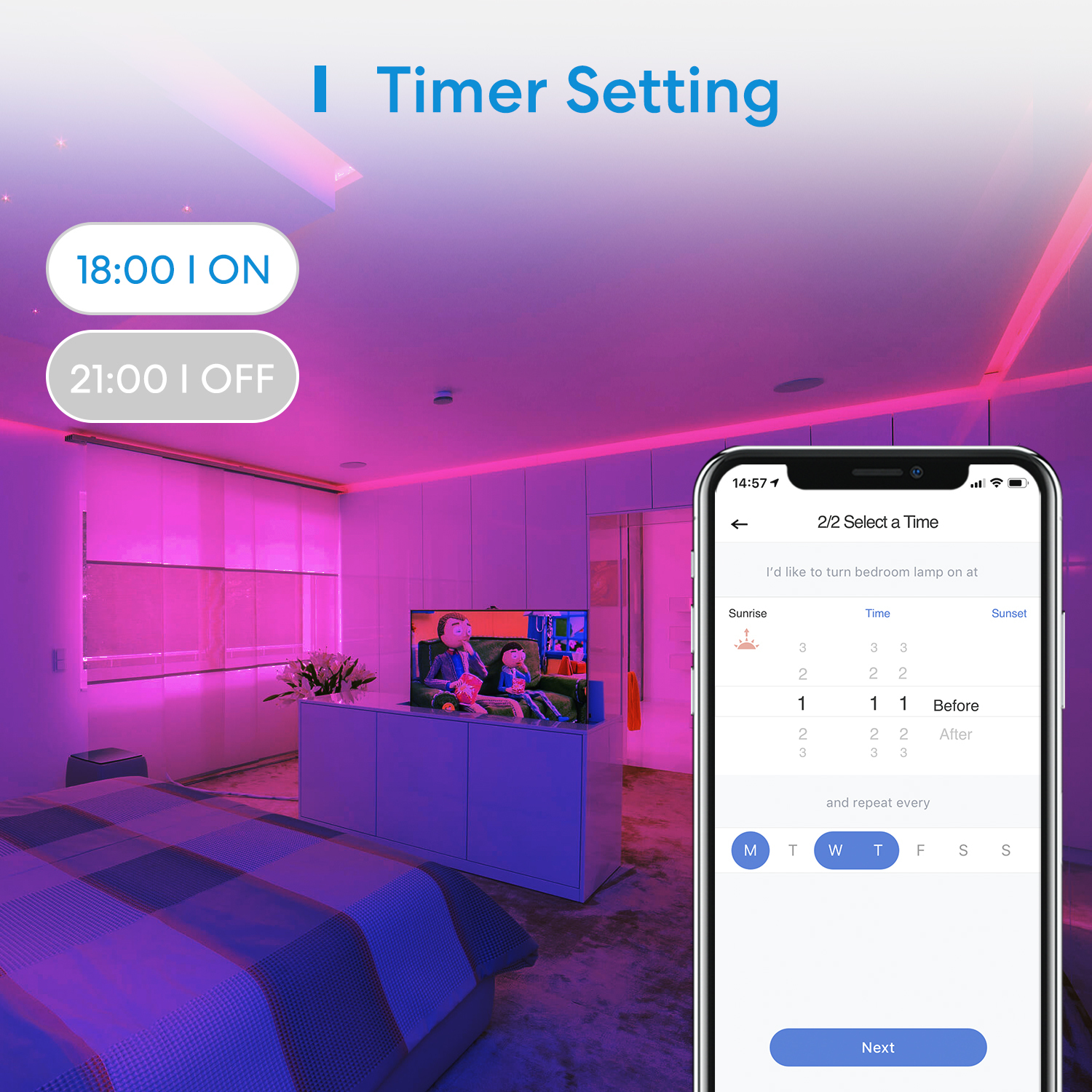 Una habitación con iluminación morada; un teléfono muestra una configuración.