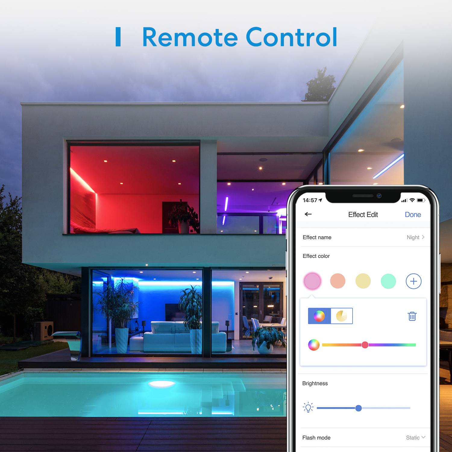 Casa moderna con luces inteligentes e interfaz de aplicación móvil.