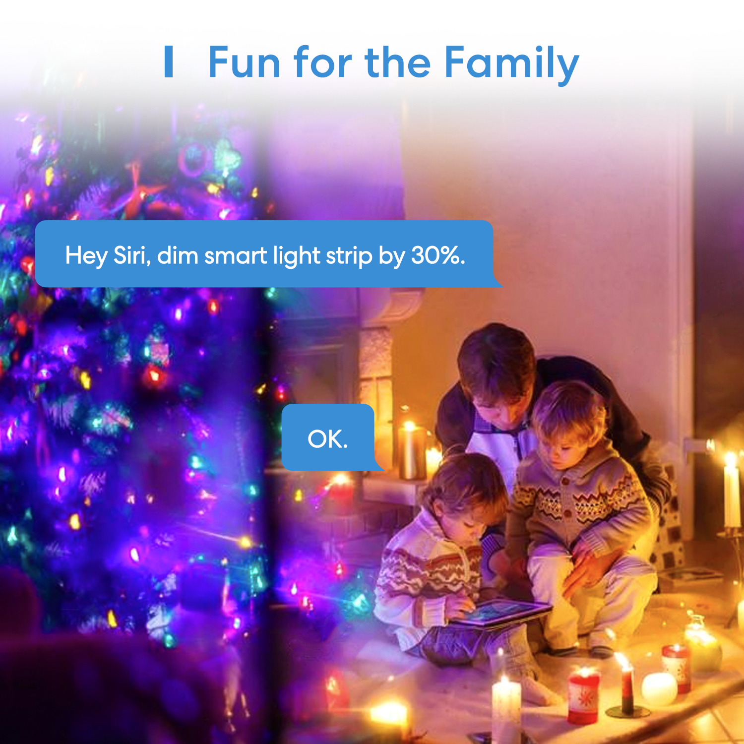 Familia con una tableta frente a un árbol de Navidad con tiras de luces inteligentes.