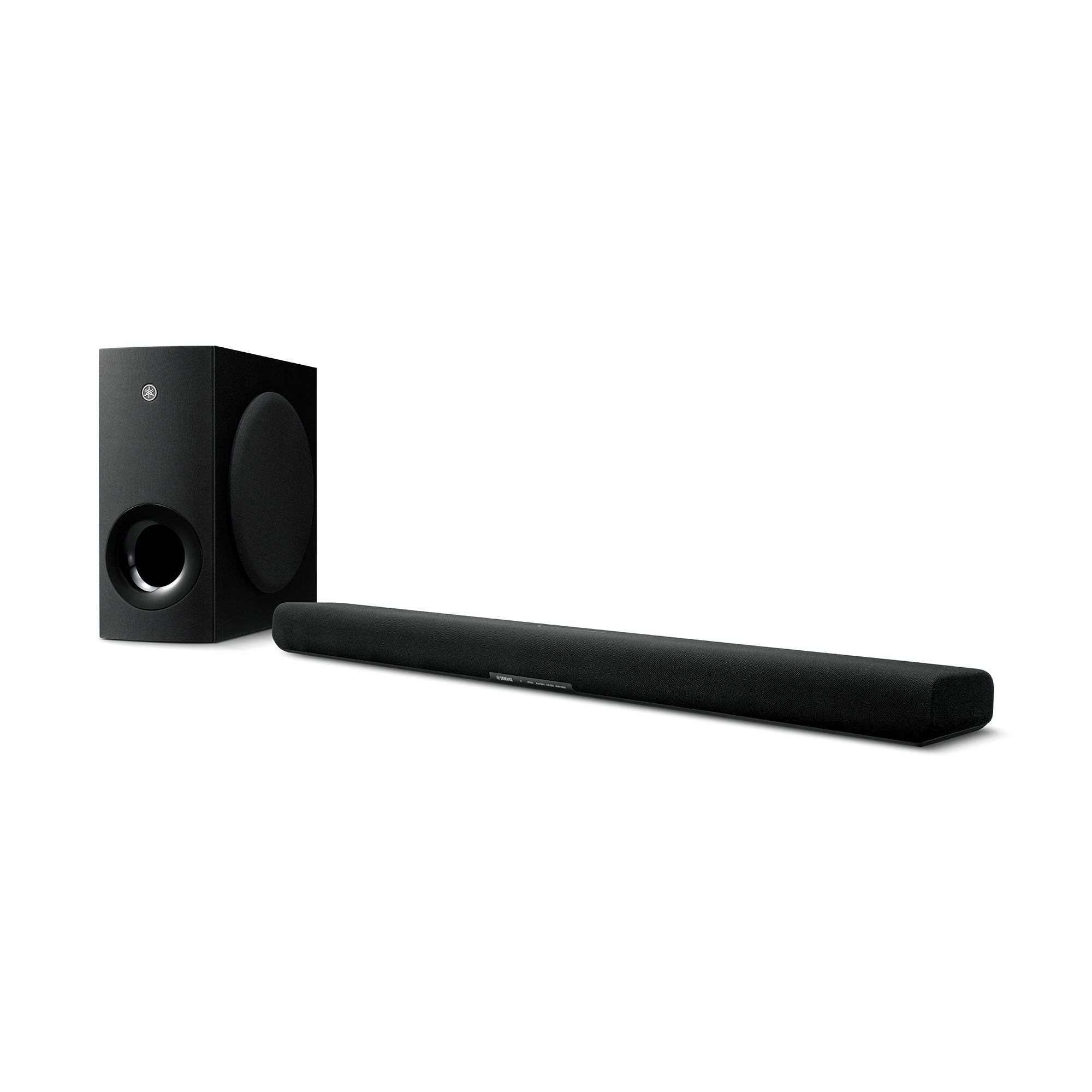 Black soundbar and subwoofer on a white background. The soundbar is horizontal.